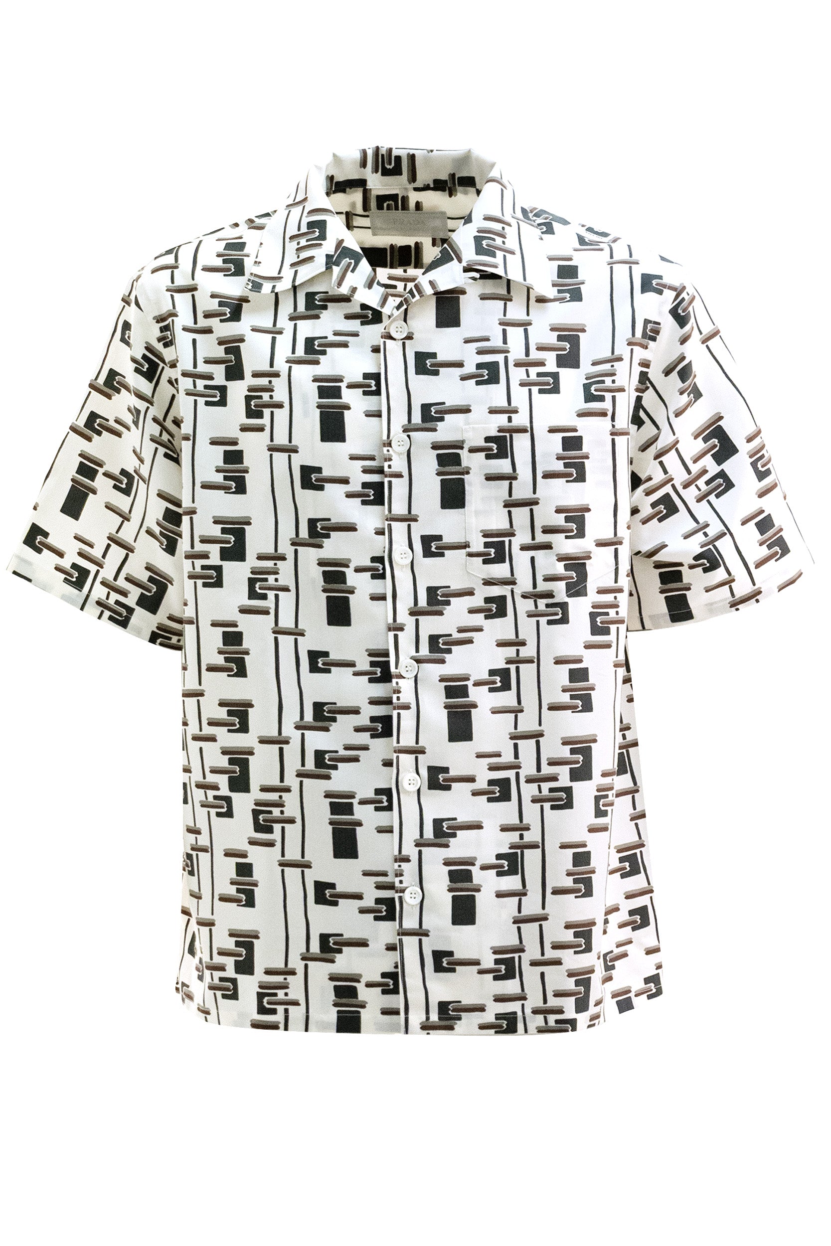 Camicia bowling in cotone e seta color avorio con stampa multicolore<BR/> UCS414 S UMO 19GW F0S8V PRADA