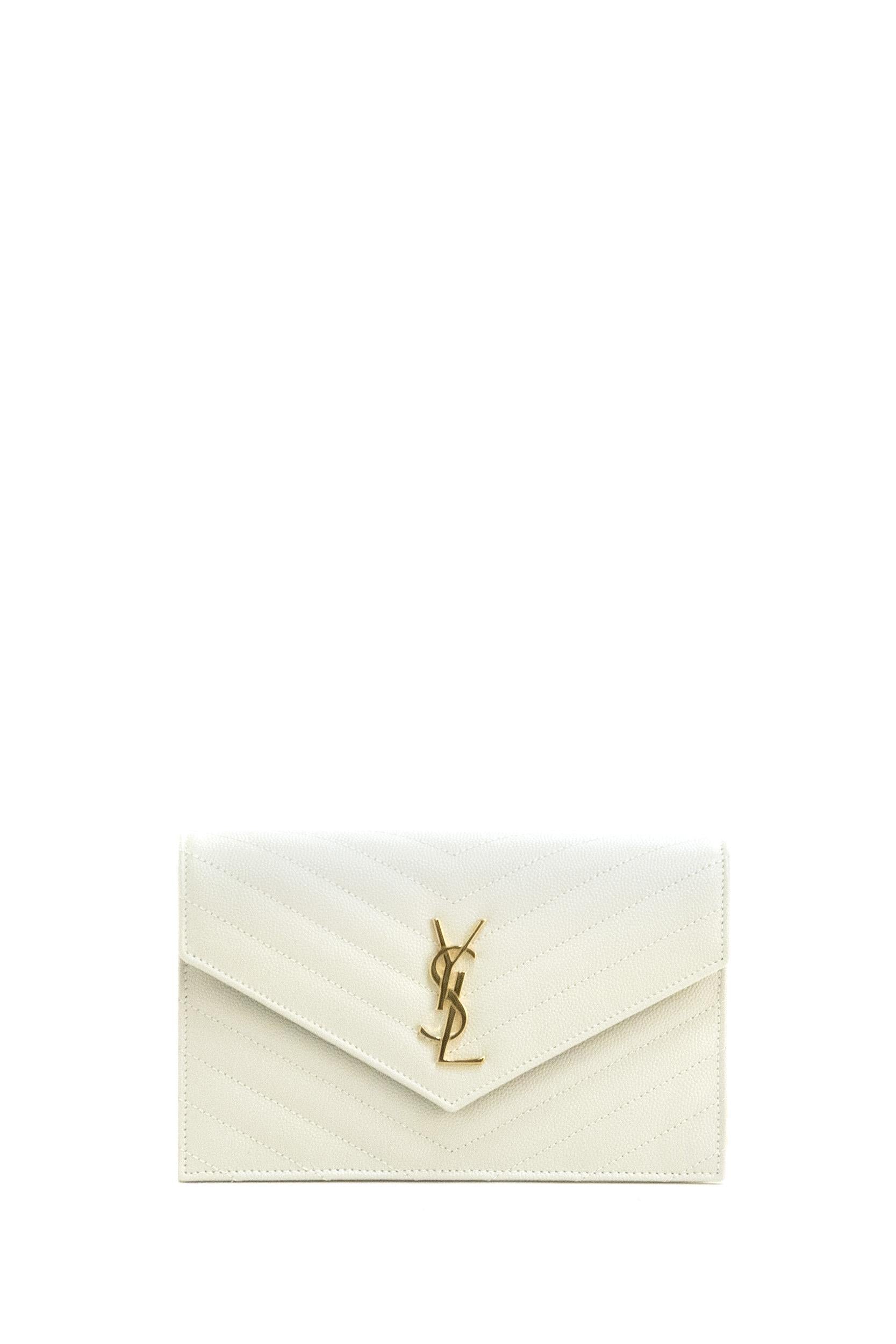 Pochette Envelope in pelle Grain de Poudre matelassé di colore bianco<BR/> 857605 BOW01 9207 SAINT LAURENT