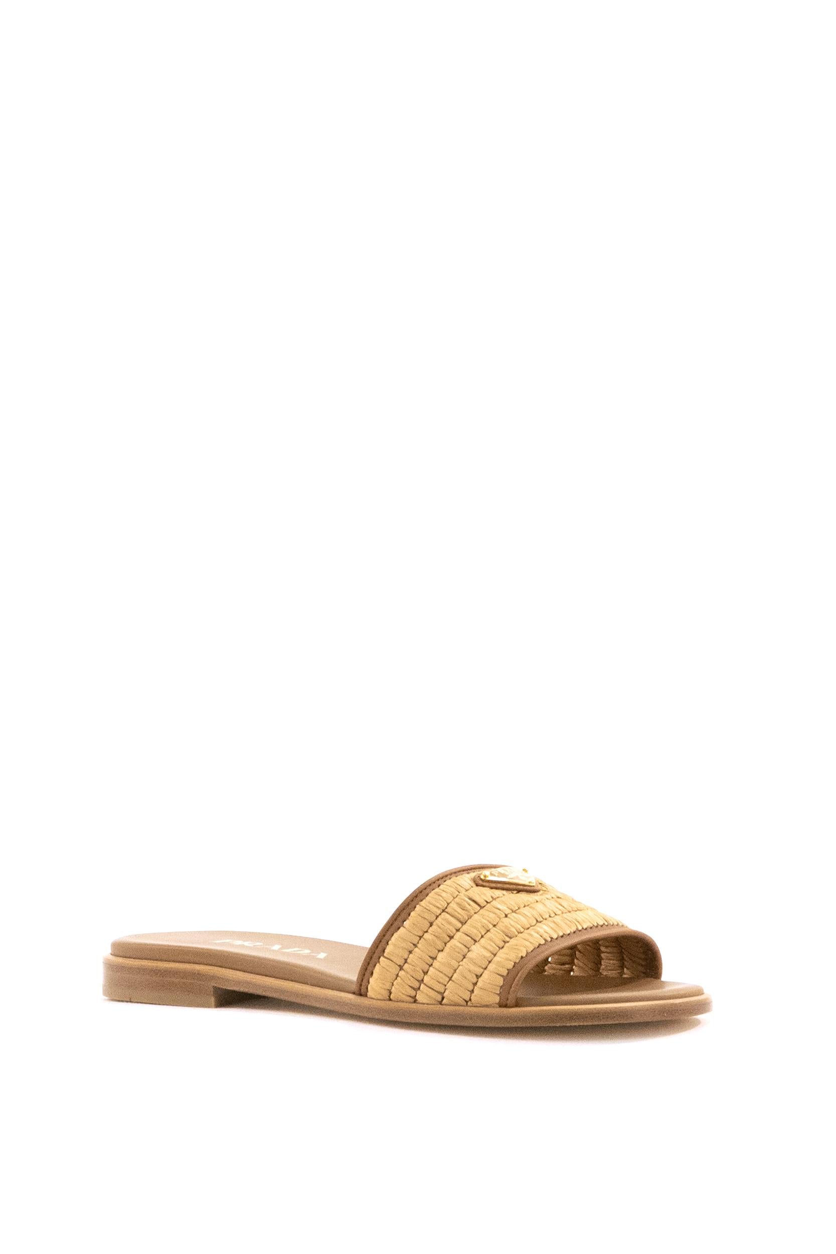 Sandali slider in pelle di colore marrone e crochet di colore beige<BR/> 1XX758 F B010 2ACS F098L PRADA