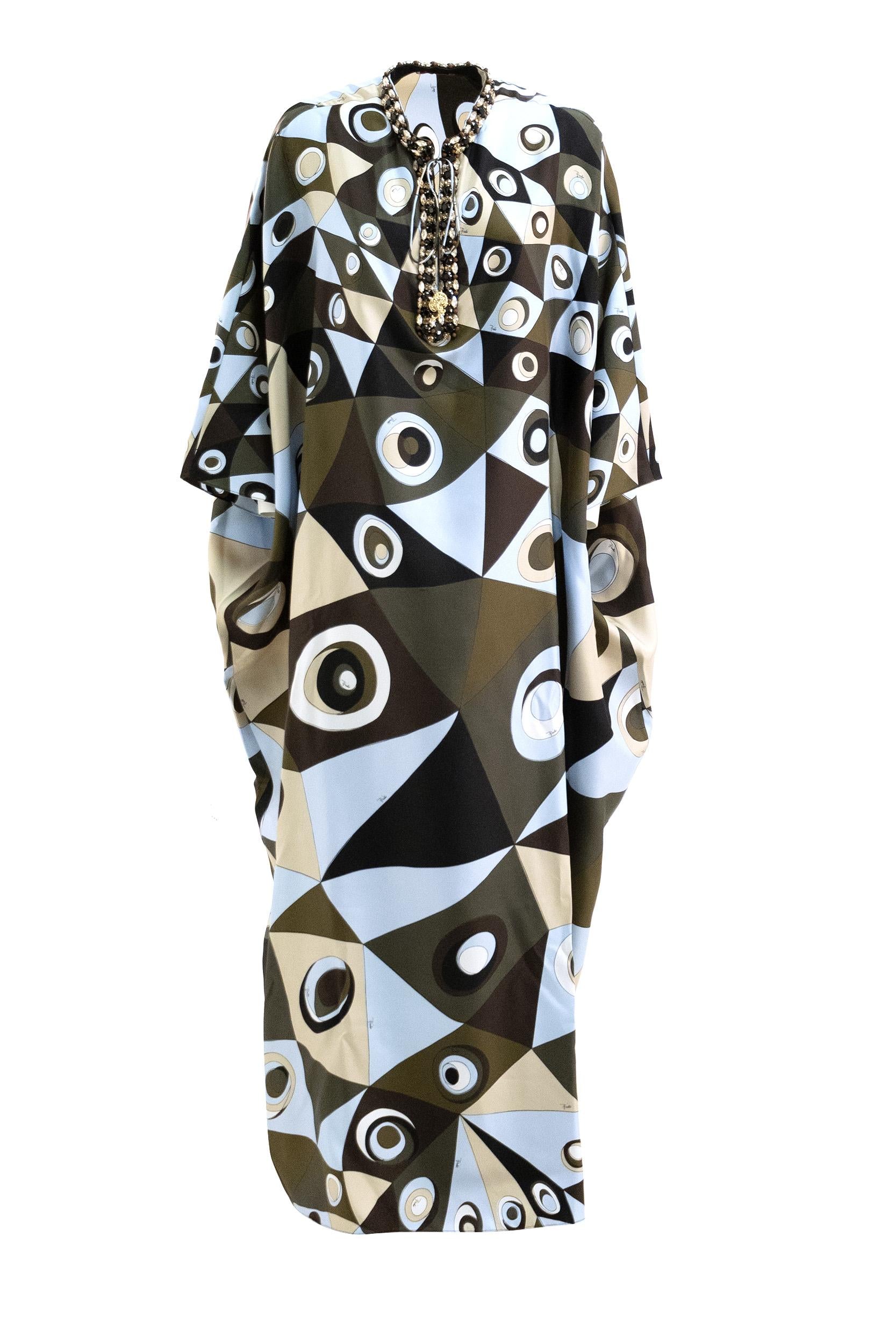 Caftano in seta con stampa Occhi color kaki e blu<BR/> 6HRL80 6H721 048 EMILIO PUCCI