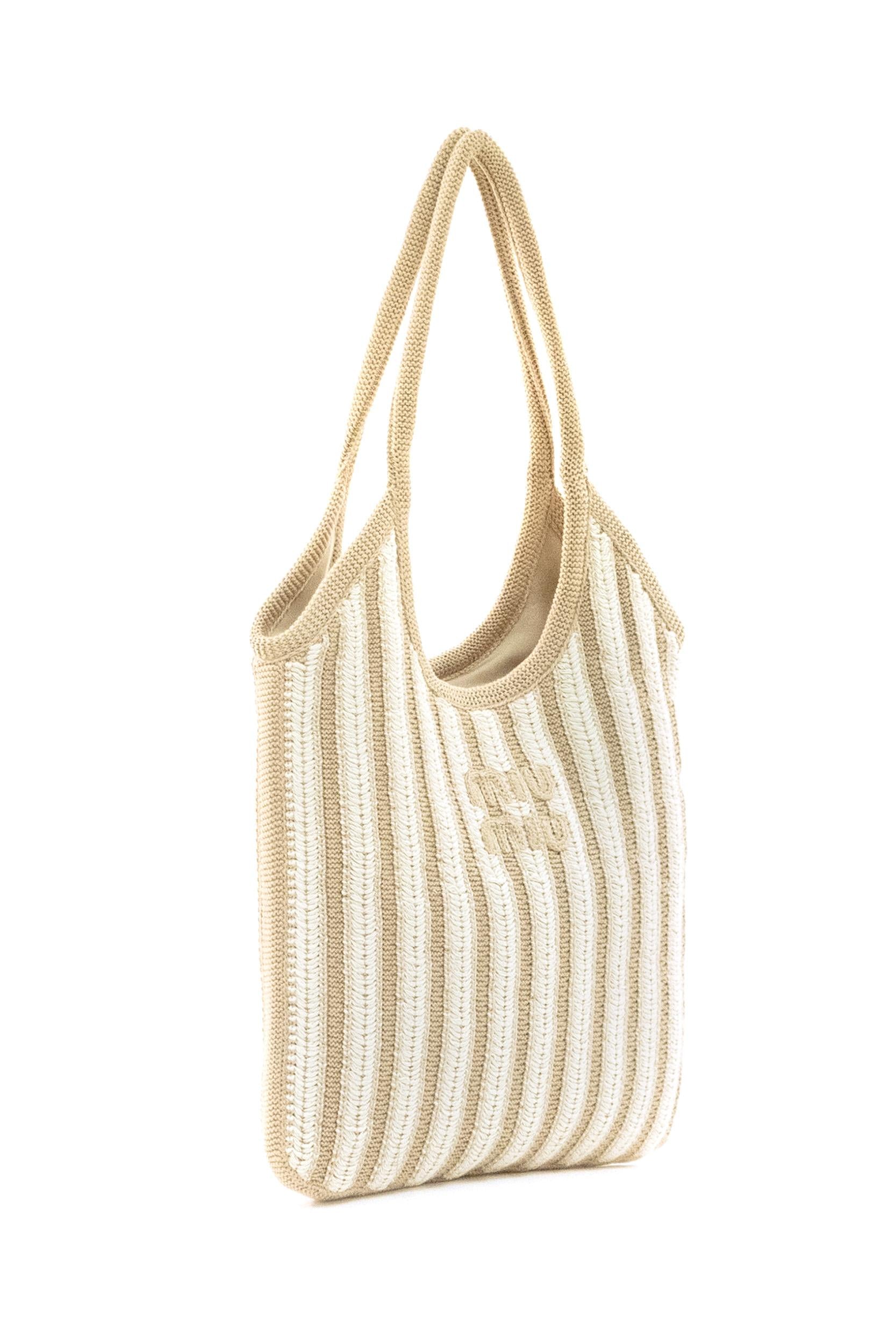 Borsa Ivy in crochet a righe di colore beige e bianco<BR/> 5BG231 V MRL 2IHD F0X27 MIU MIU