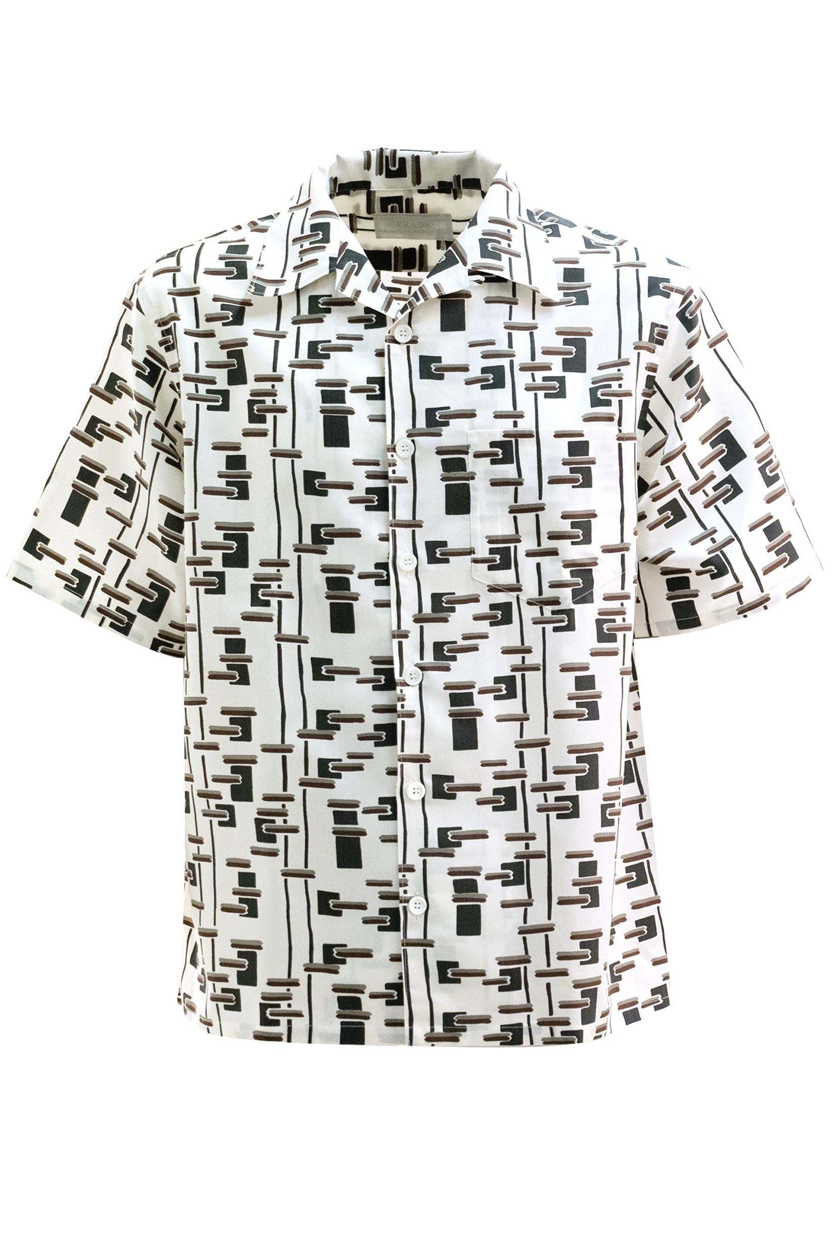 Camicia bowling in cotone e seta color avorio con stampa multicolore<BR/> UCS414 S UMO 19GW F0S8V PRADA