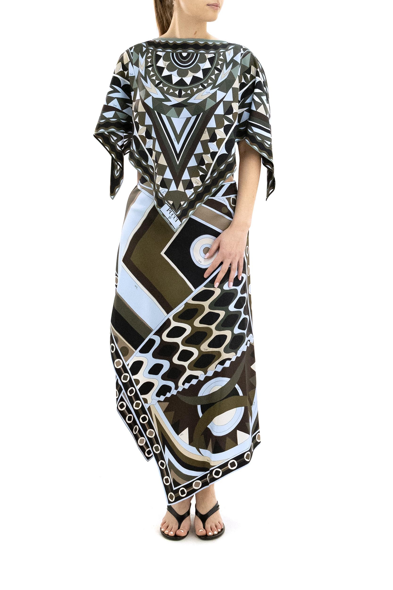 Gonna in seta con stampa Vivara color kaki e blu<BR/> 6HRW16 6H876 016 EMILIO PUCCI