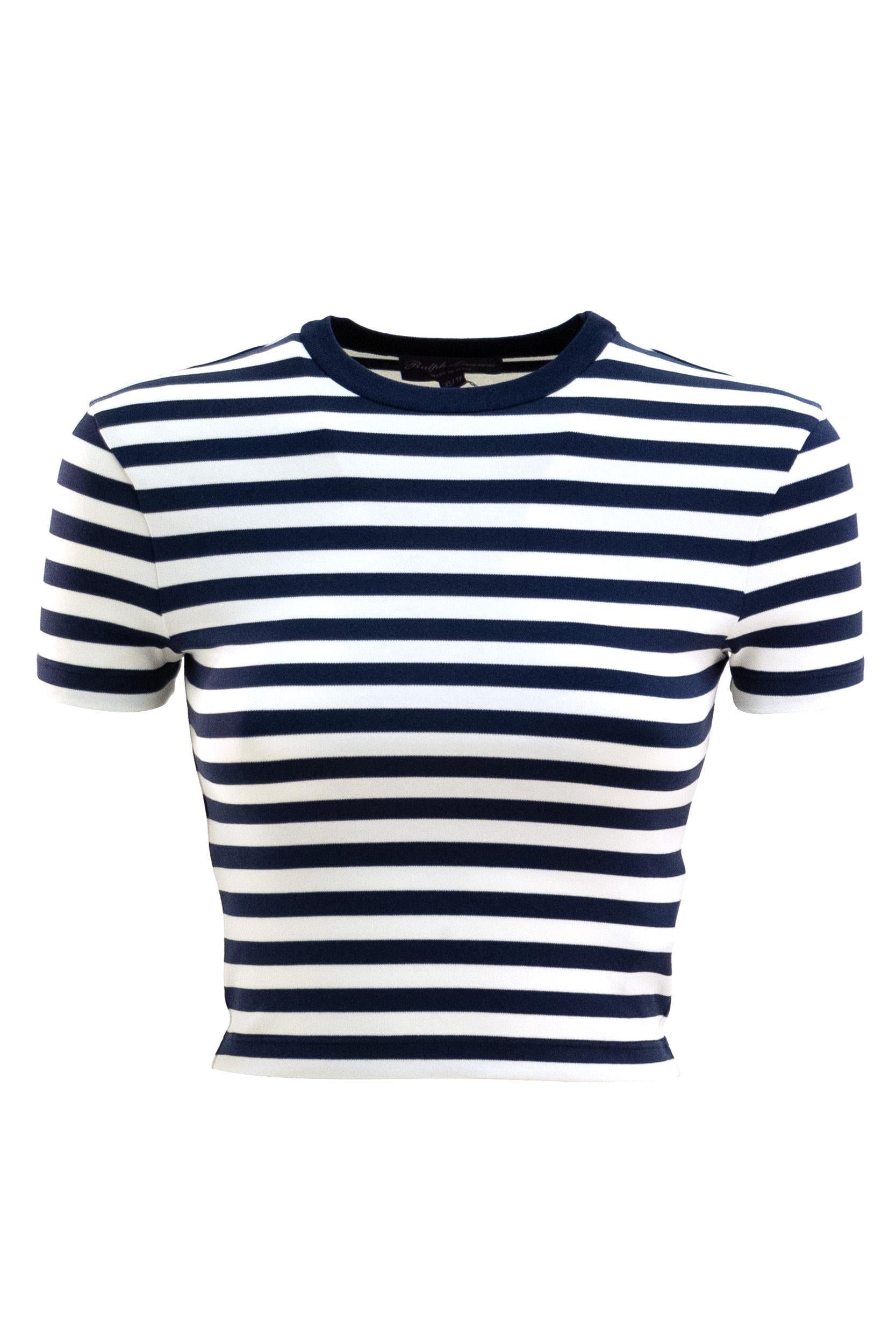 T-shirt a Righe Crop in Cotone Blu/Bianco<BR/> 290P09830001 CREAM RALPH LAUREN