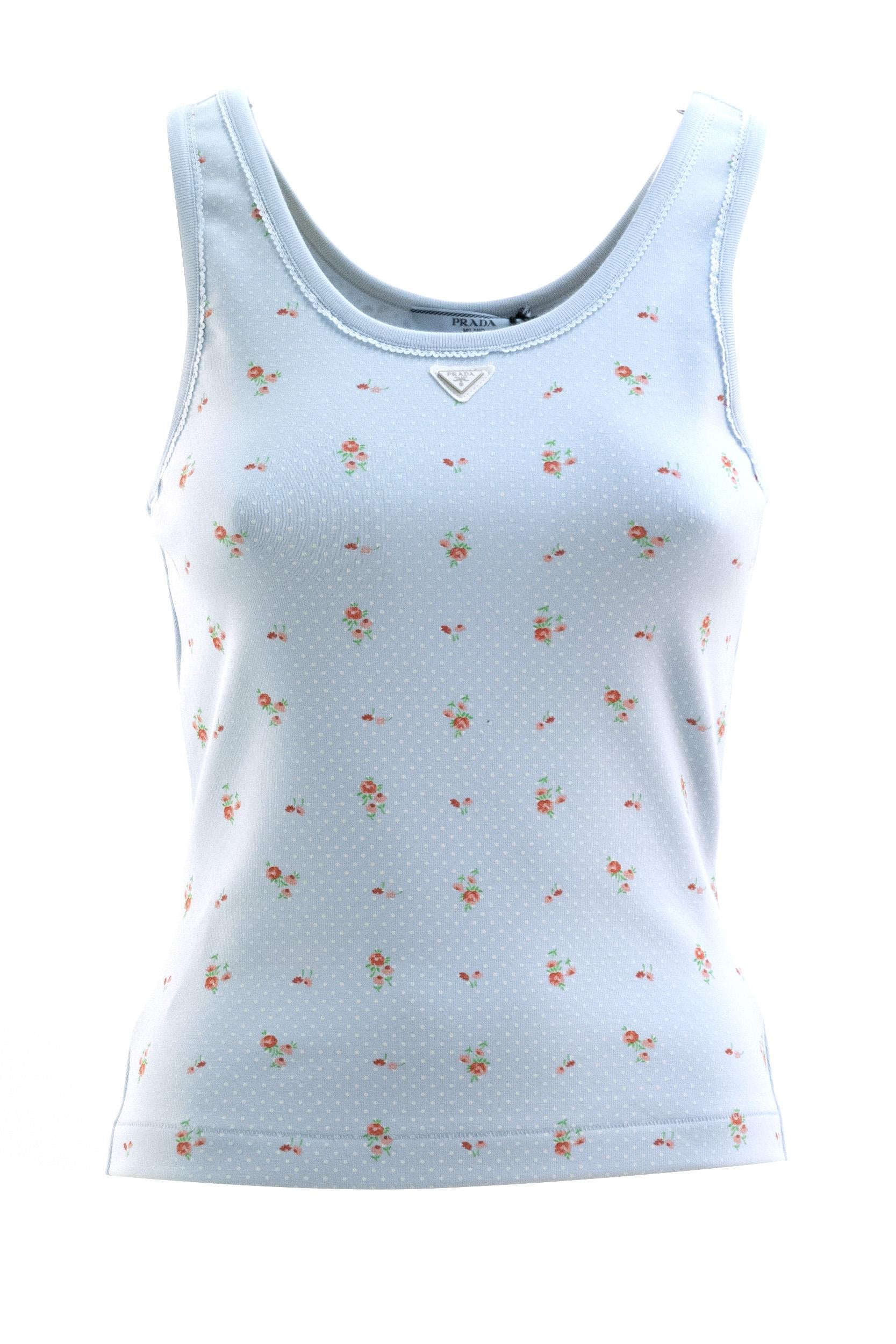 Top in cotone di colore azzurro con con stampa bouquet multicolore<BR/> 39659C S OOO 19AX F0012 PRADA