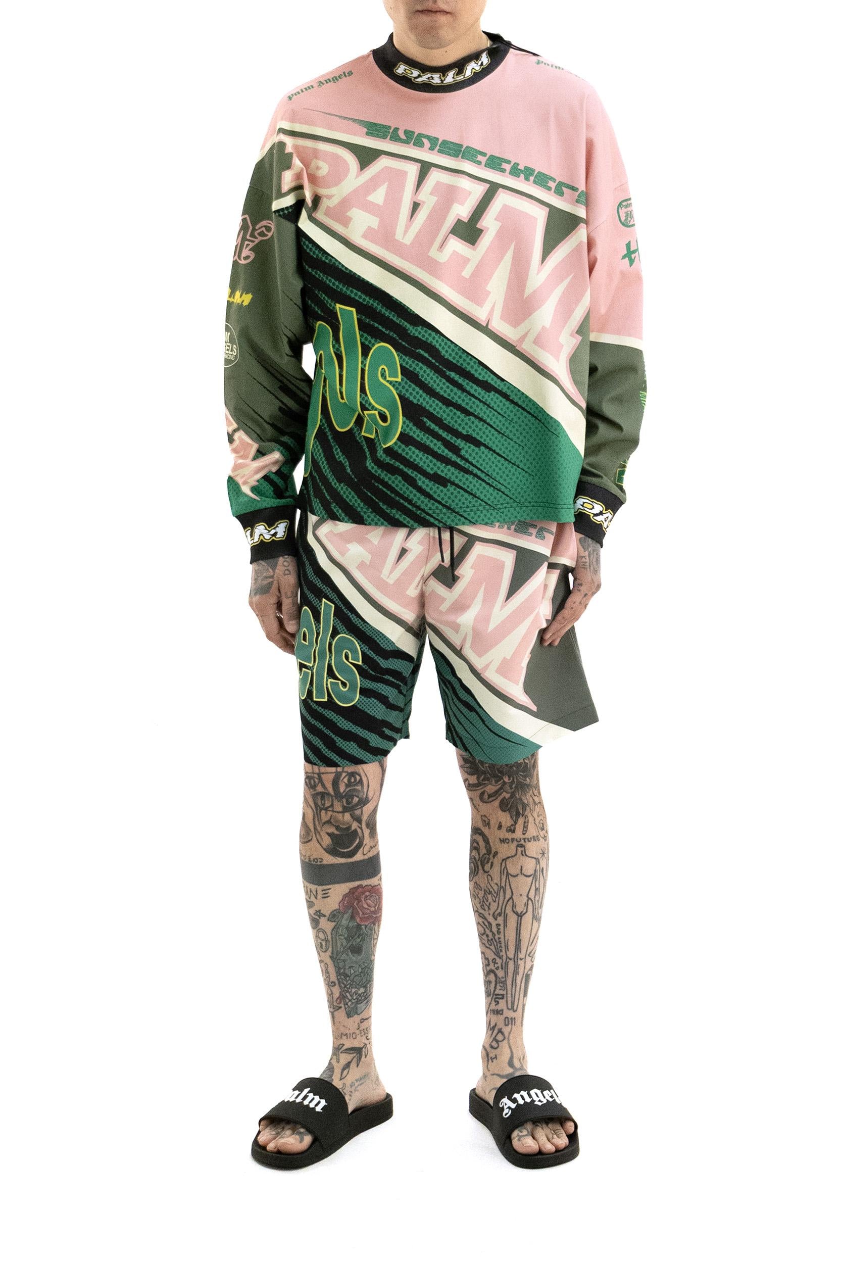 Costume da bagno Racing di colore verde e rosa<BR/> PMFD01BS26FAB001 3055 PALM ANGELS