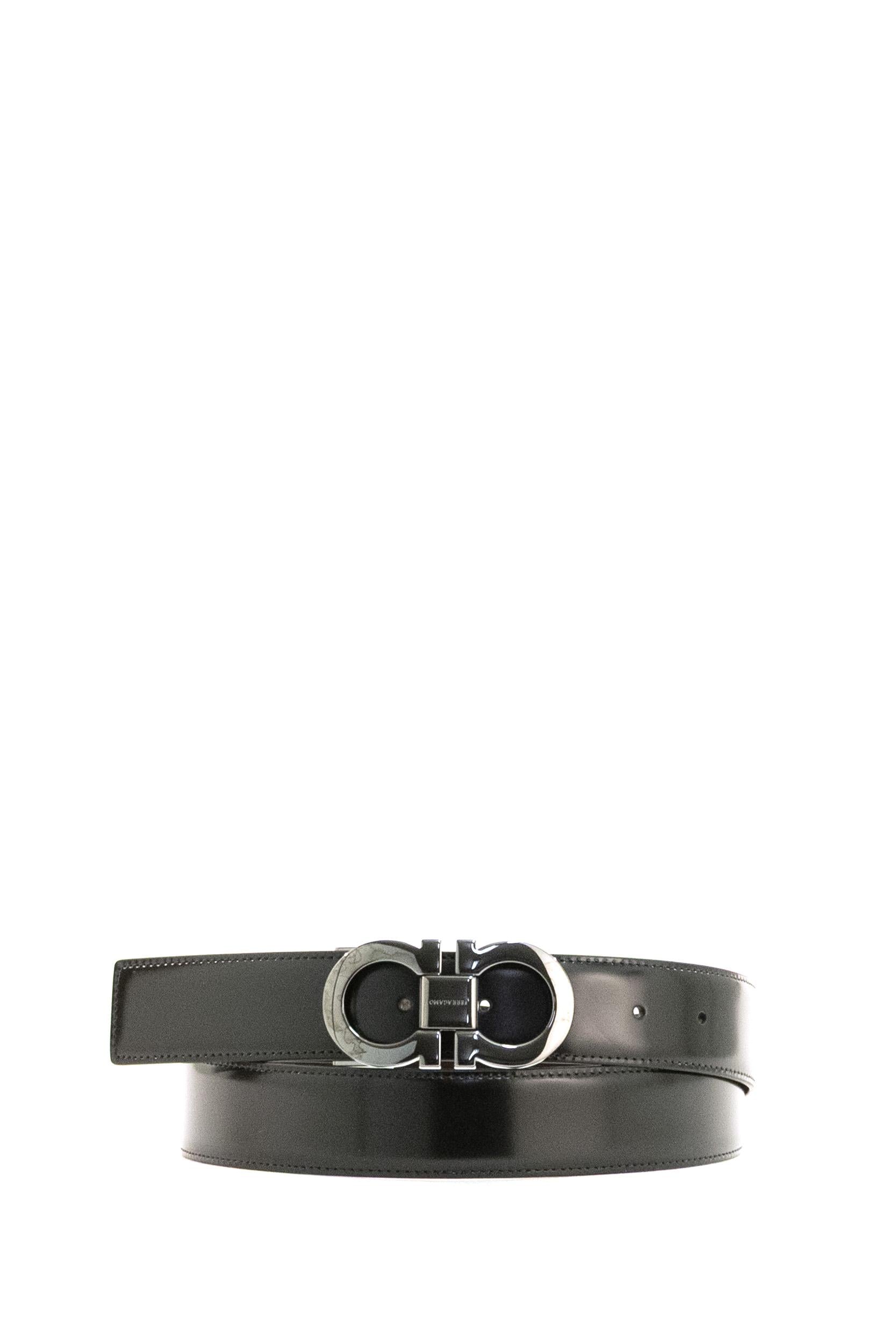 Cintura Reversibile Gancini in Pelle<BR/> 679535 0644557 NERO FERRAGAMO