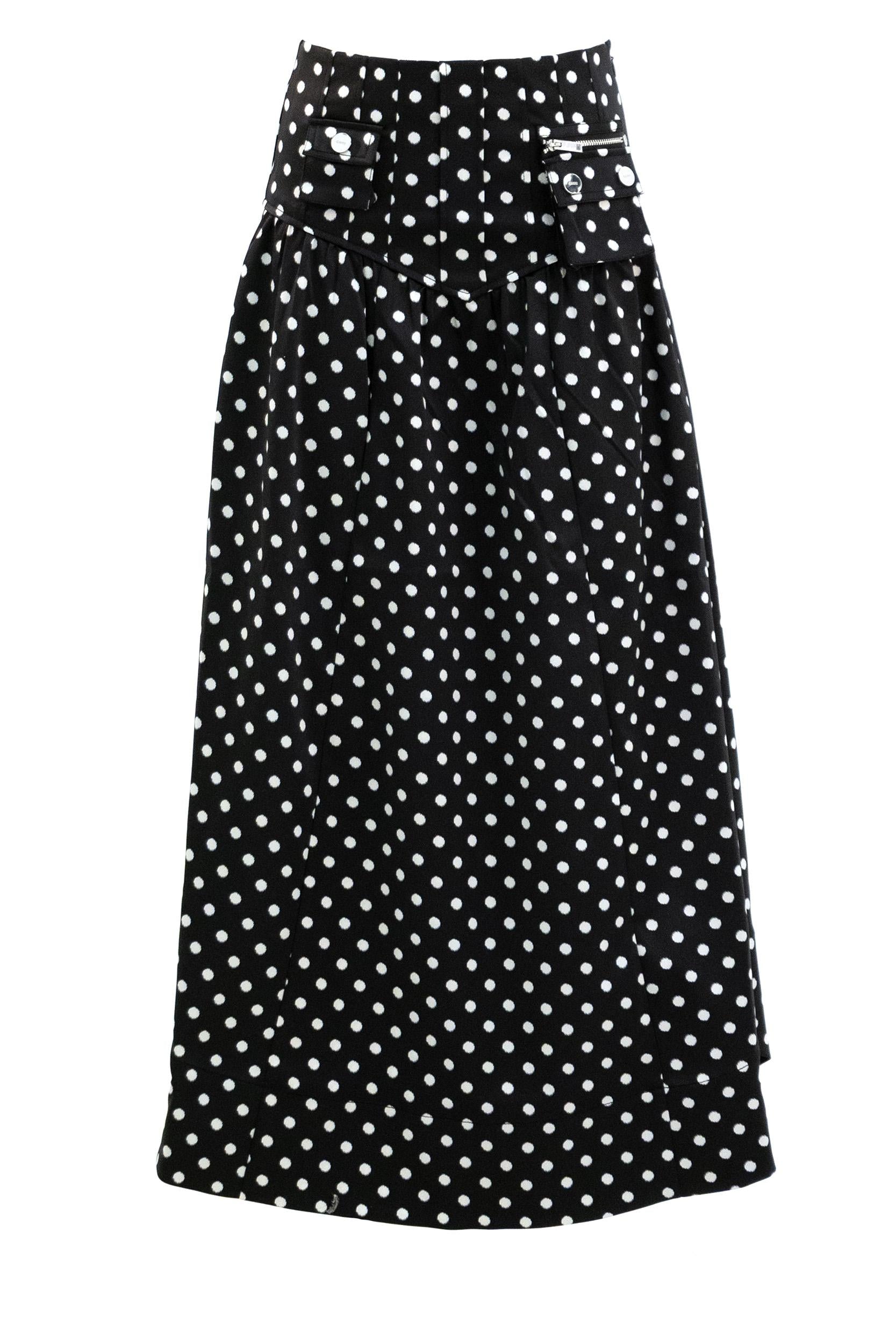Gonna in raso a pois di colore nero e bianco<BR/> A1090065 099 GANNI