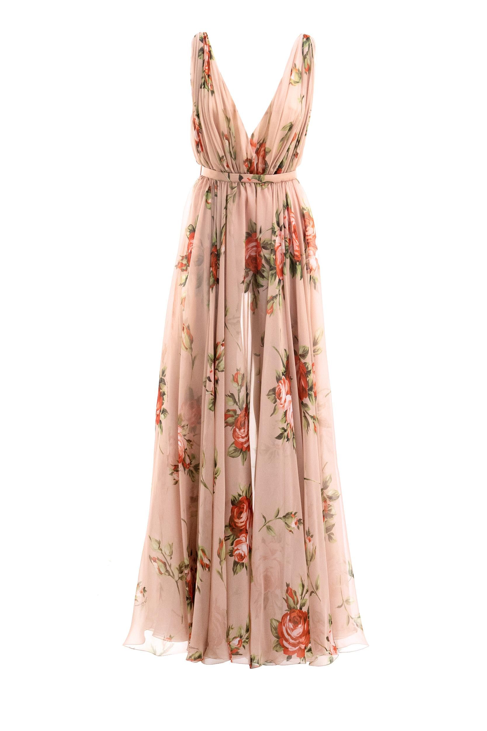 Abito in Chiffon di Seta con Stampa Bouquet Rose<BR/> F6ZA1T IS11F HF5ZN DOLCE & GABBANA