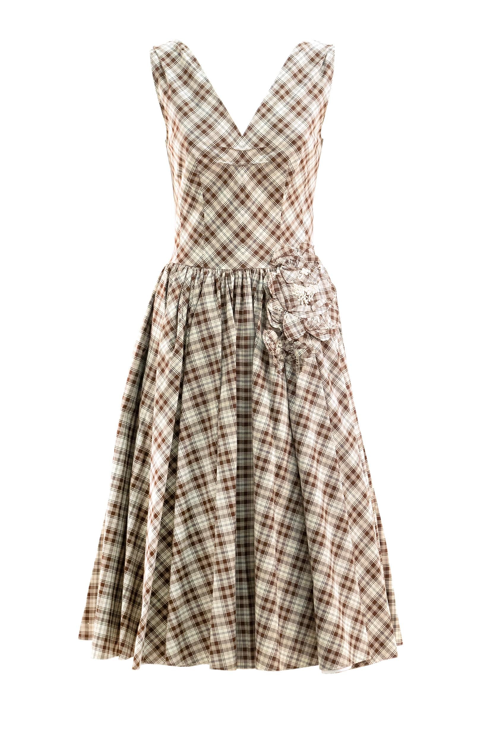 Abito in cotone a quadri color avorio e marrone<BR/> P3R42R S OOO 171C F060S PRADA