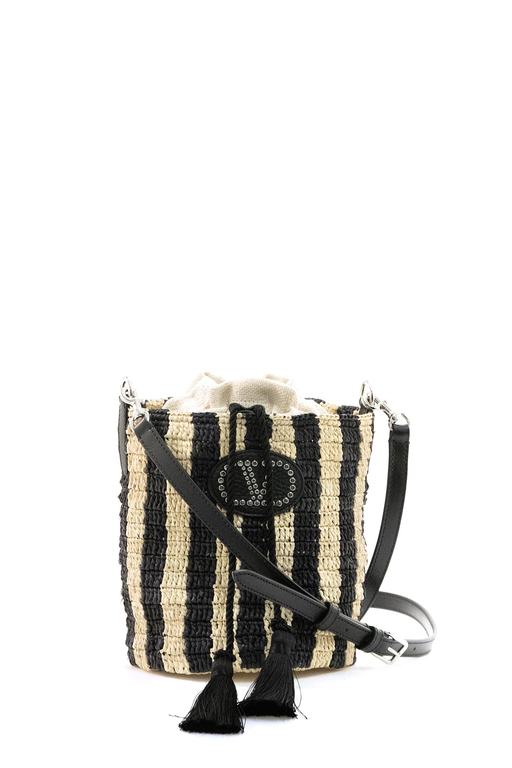 Borsa a secchiello in rafia a righe color naturale e nero<BR/> 8W2B0T03IXU C8K VALENTINO GARAVANI