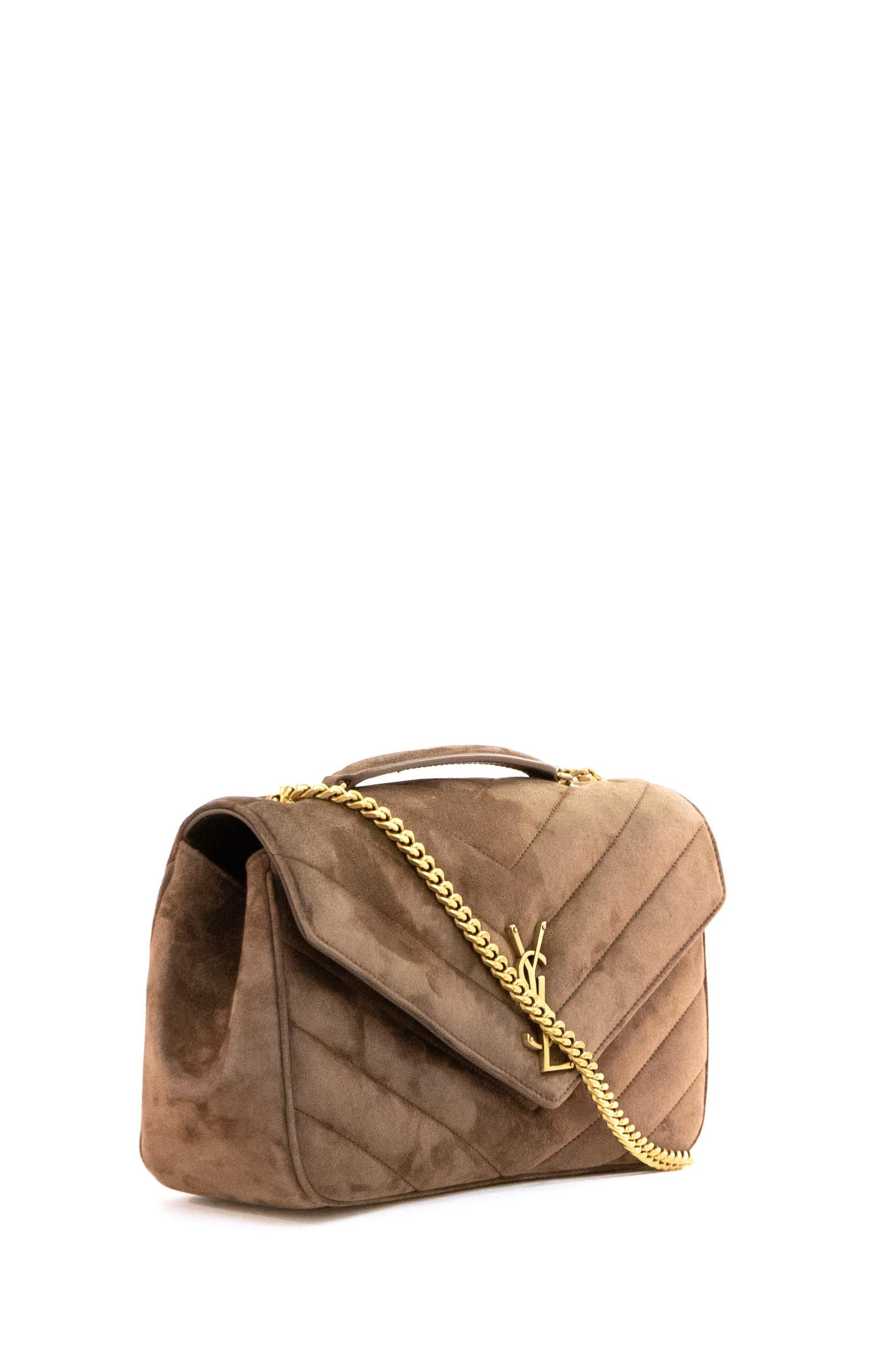 Borsa Loulou Media in suede matelassé color marrone<BR/> 801439 AAEY6 2358 SAINT LAURENT