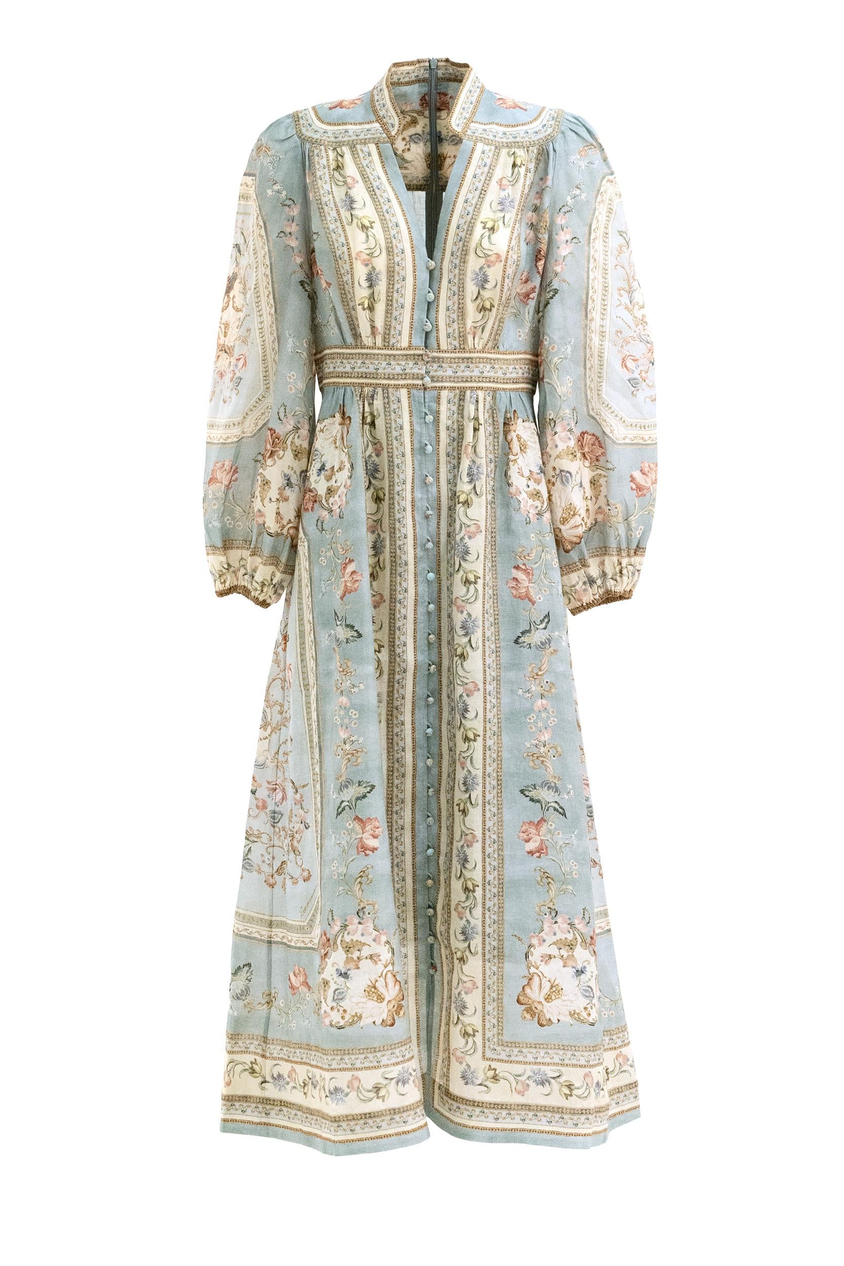 Abito midi in lino di colore azzurro con stampa floreale multicolore<BR/> 3501DSS264 BLUE TAPESTRY ZIMMERMANN