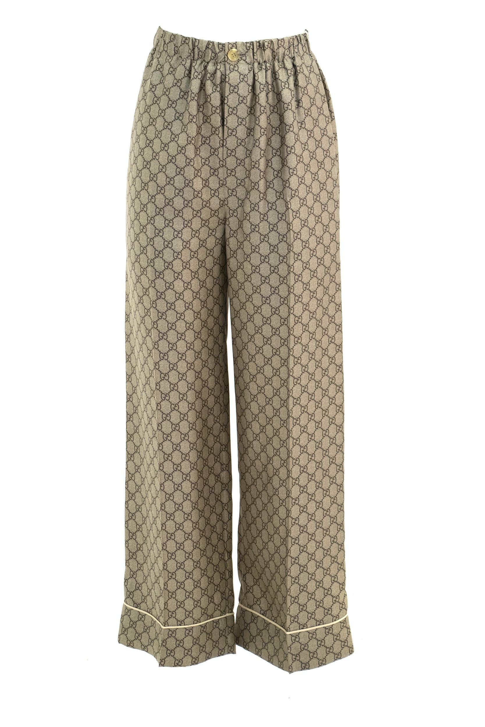 Pantaloni in seta beige ed ebano con stampa GG Supreme 756503 ZANRP 2184 GUCCI
