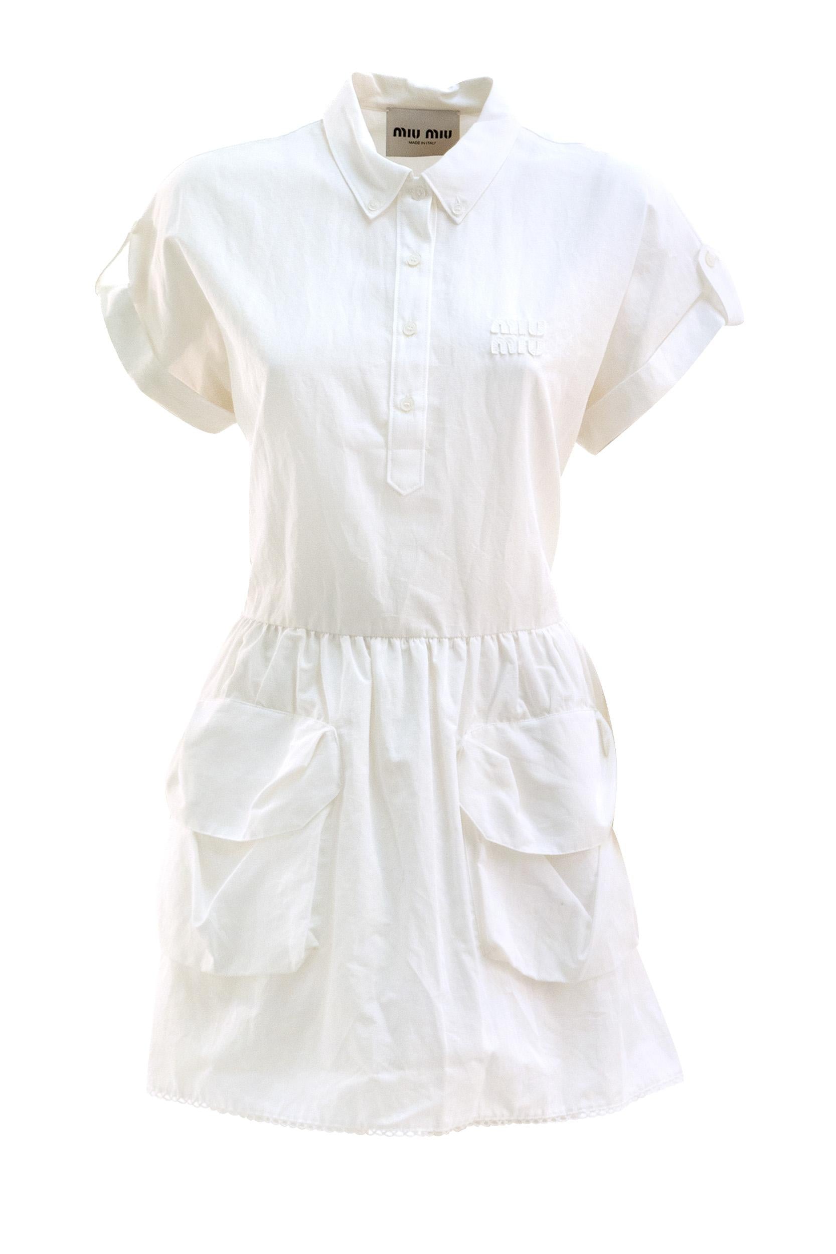 Abito in popeline e lino di colore bianco<BR/> MF6142 S OOO 163M F0009 MIU MIU