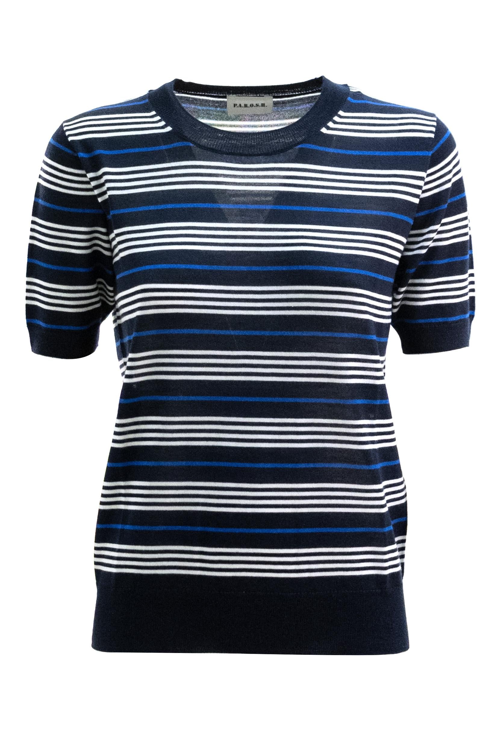T-shirt in lana e seta a righe di colore blu e bianco<BR/> LISTRIPES-D540779 812 P.A.R.O.S.H.
