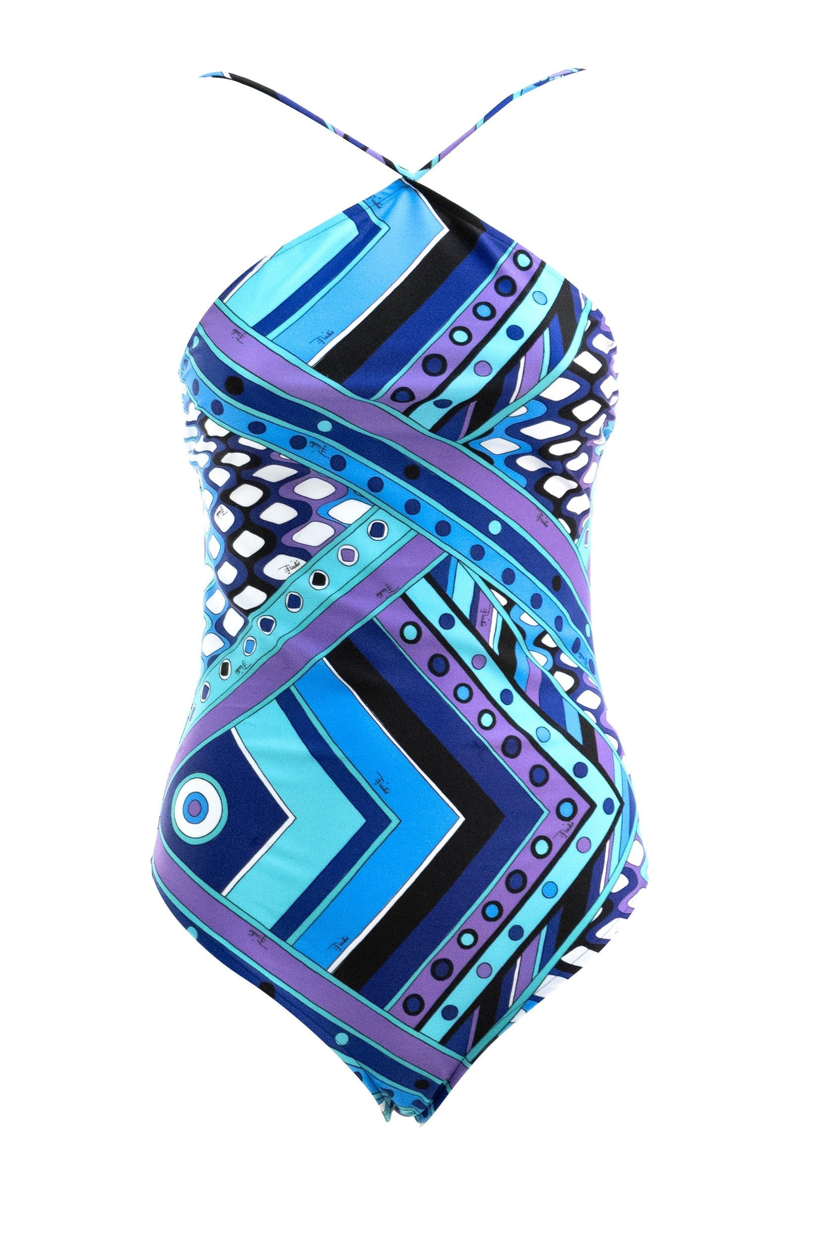 Costume Intero in lycra elastica con stampa Vivara di colore turchese e blu<BR/> 6HMC31 6H895 P20 EMILIO PUCCI