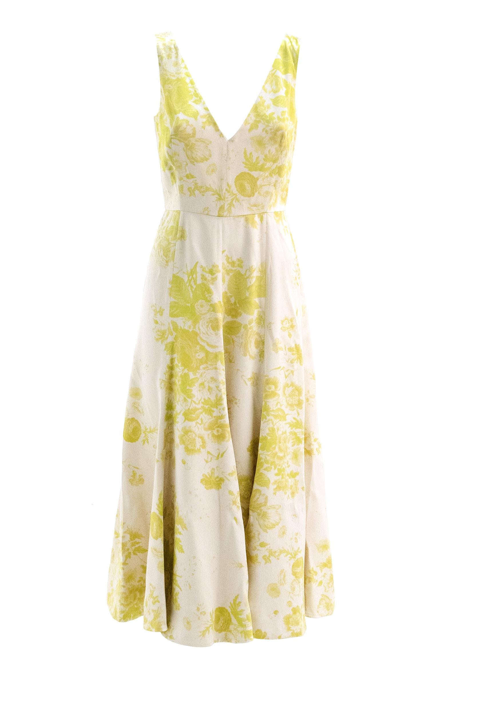 Abito in duchesse color avorio con stampa floreale di colore verde e giallo<BR/> D19651633014 ROSE CHARTREUSE ERDEM