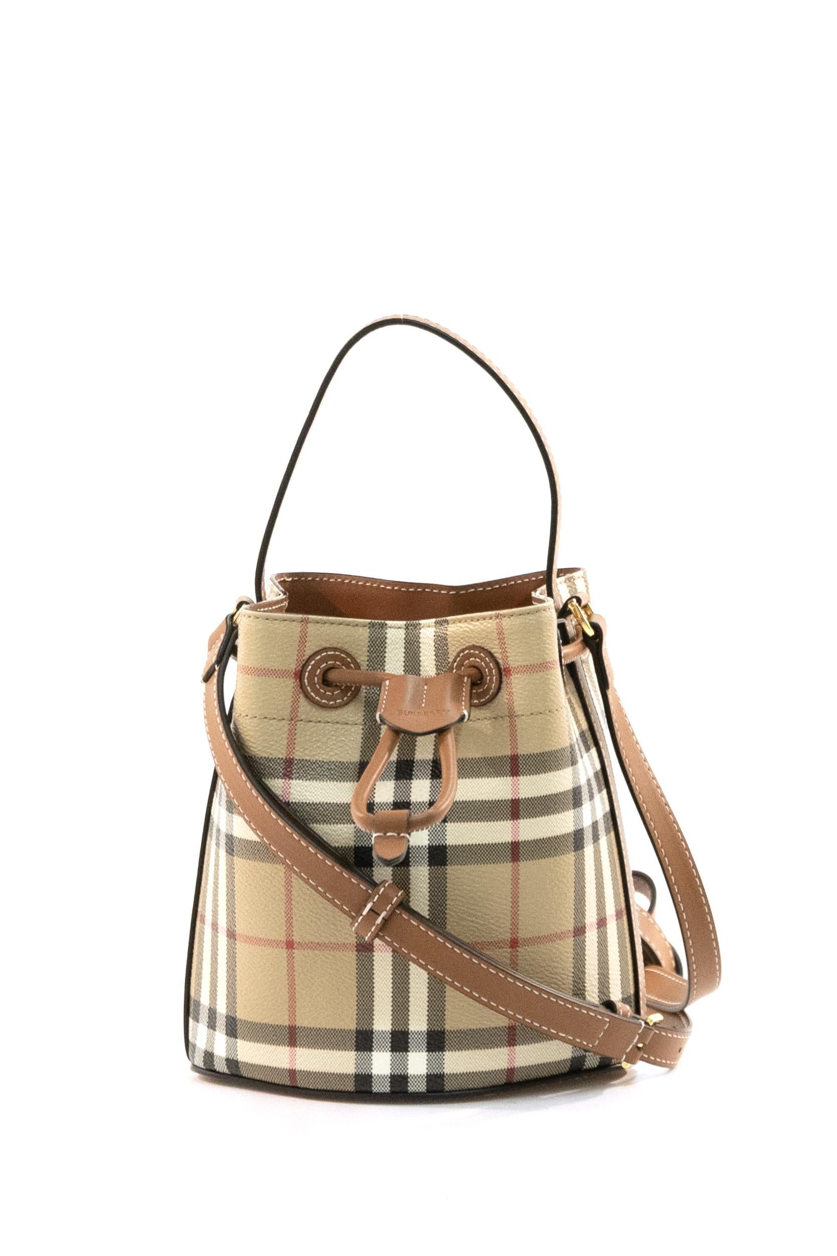 Borsa a secchiello Check in misto cotone spalmato di colore beige<BR/> 8109794 CHKBROWN BURBERRY