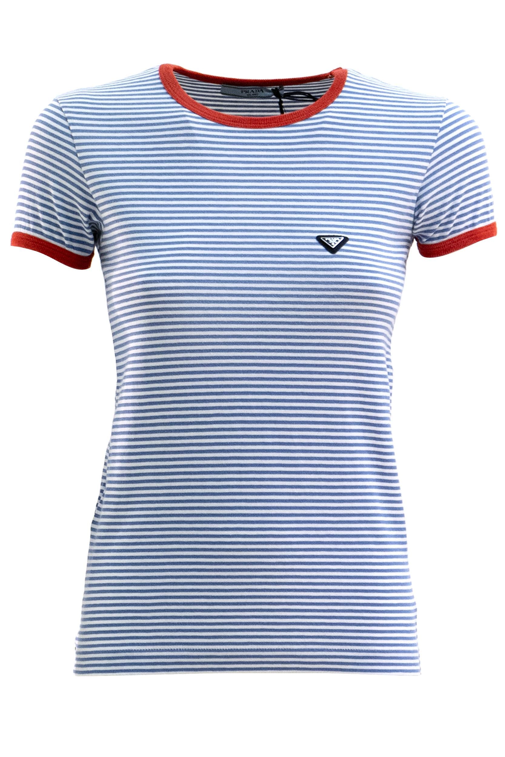 T-shirt in cotone a righe di colore bianco e azzurro<BR/> 39658 S OOO 186H F0X36 PRADA