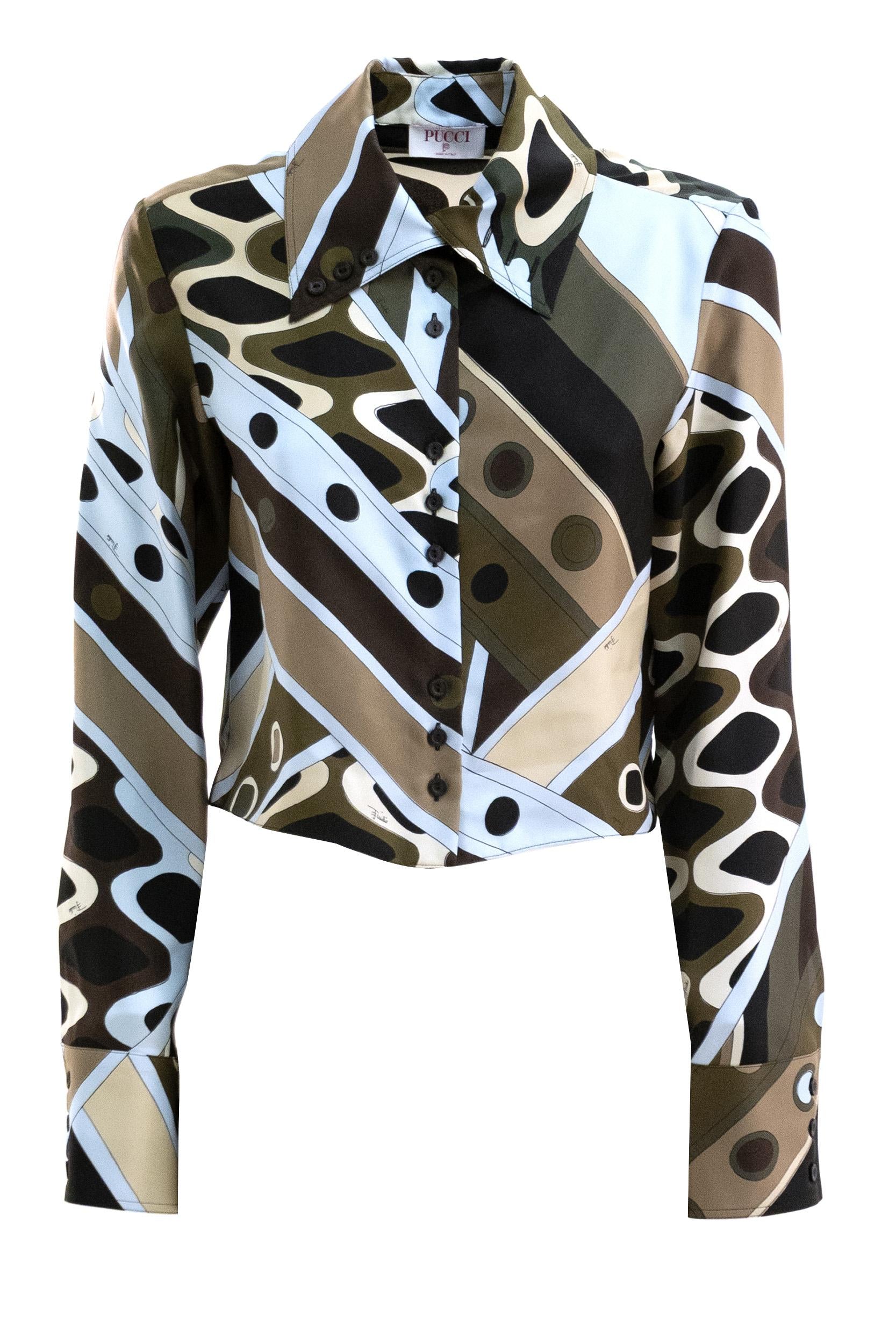 Camicia crop in seta con stampa Vivara color kaki e blu<BR/> 6HRJ15 6H841 016 EMILIO PUCCI