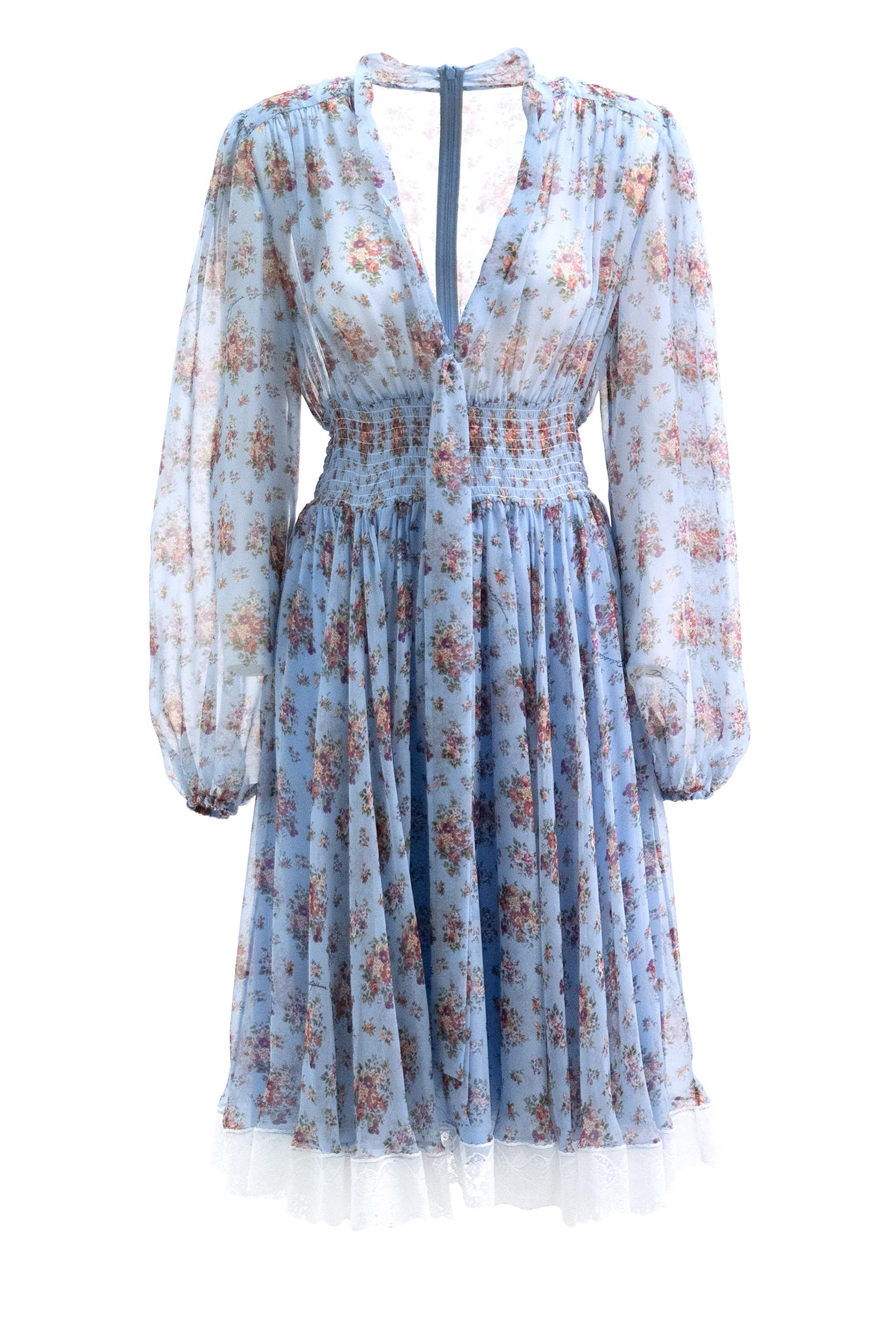 Abito in chiffon di colore azzuro con stampa Mazzo di fiori multicolore<BR/> F611ZT IS10F HC5XK DOLCE & GABBANA