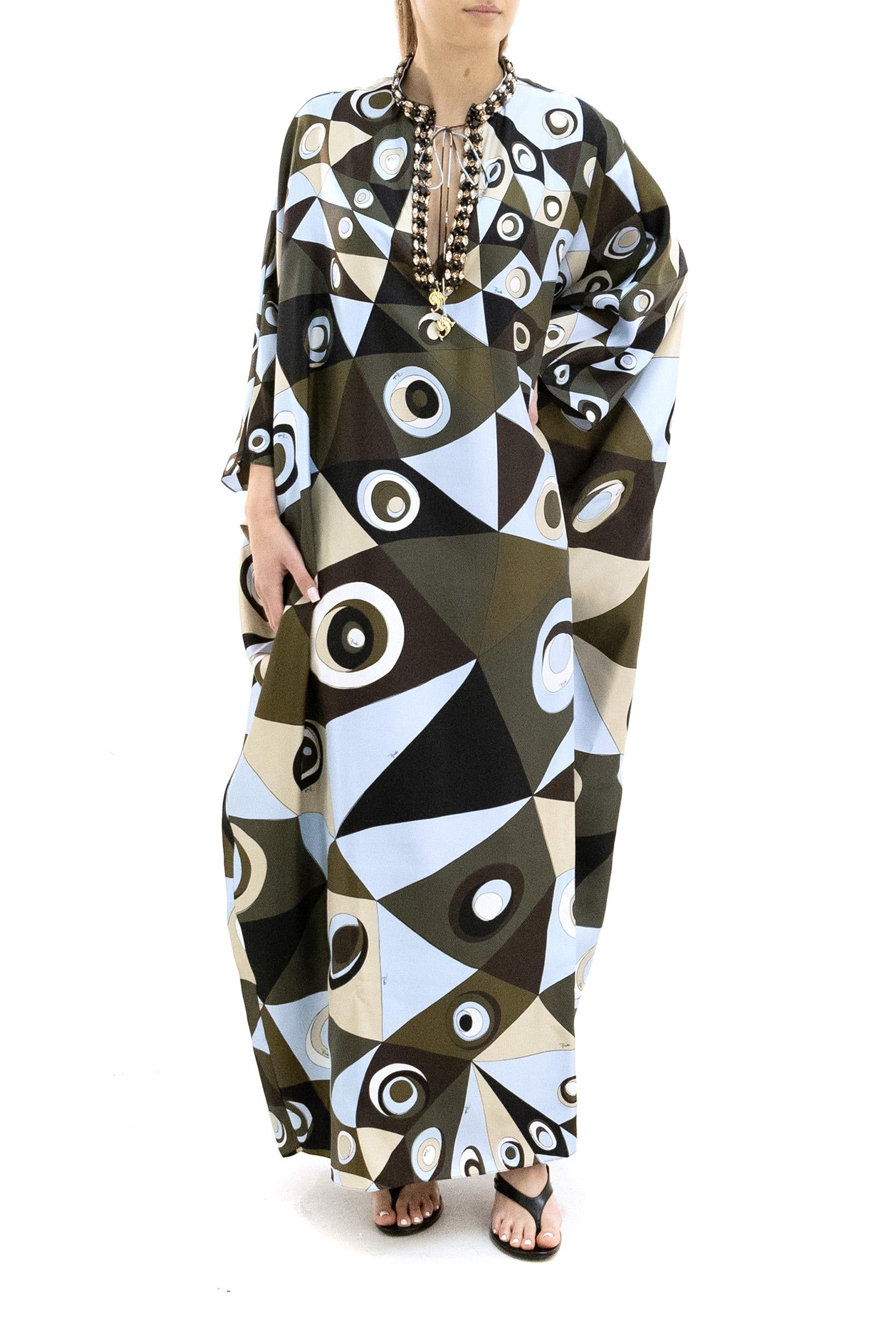 Caftano in seta con stampa Occhi color kaki e blu<BR/> 6HRL80 6H721 048 EMILIO PUCCI