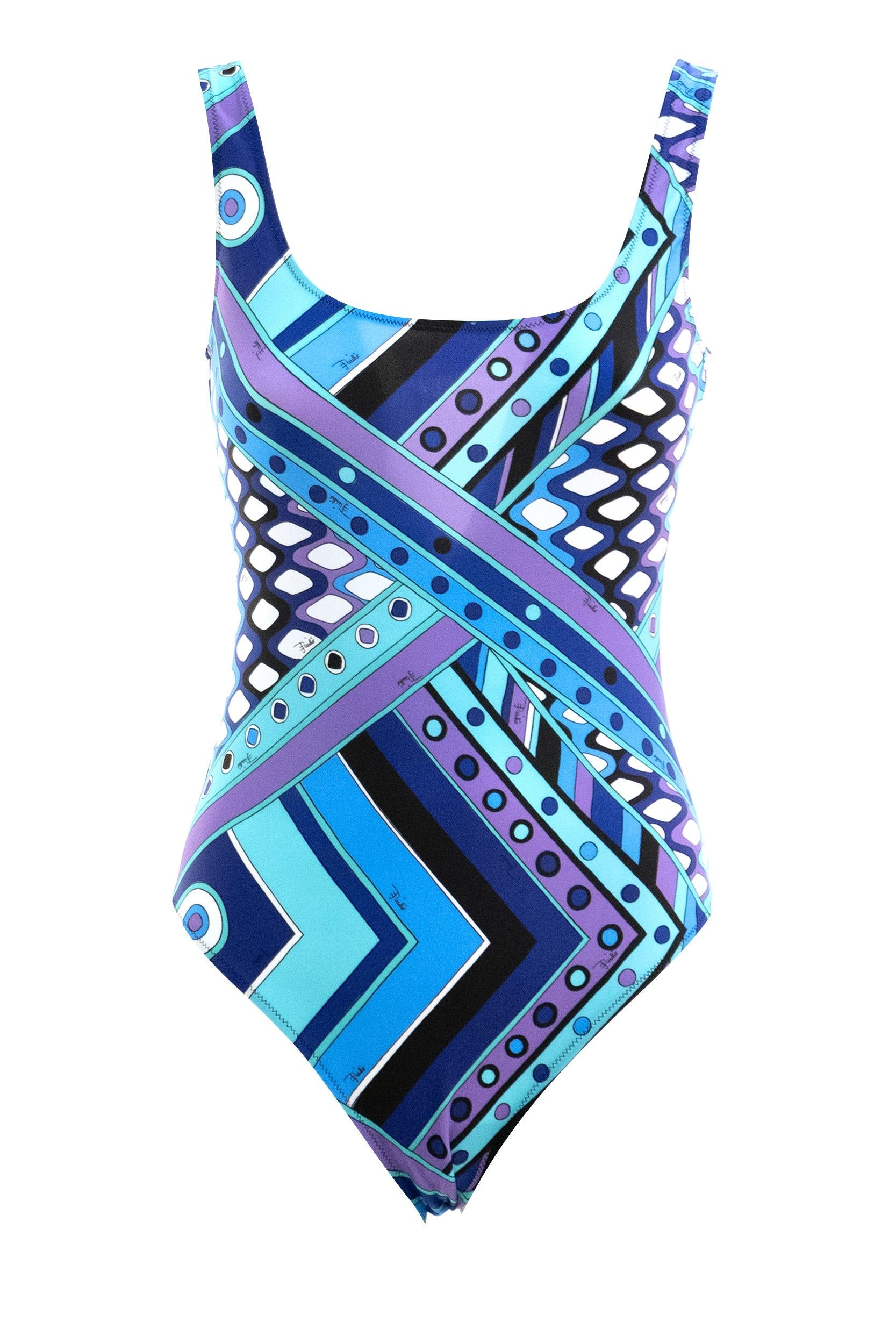 Costume Intero in lycra elastica con stampa Vivara di colore turchese e blu<BR/> 6HMC80 6H895 P20 EMILIO PUCCI