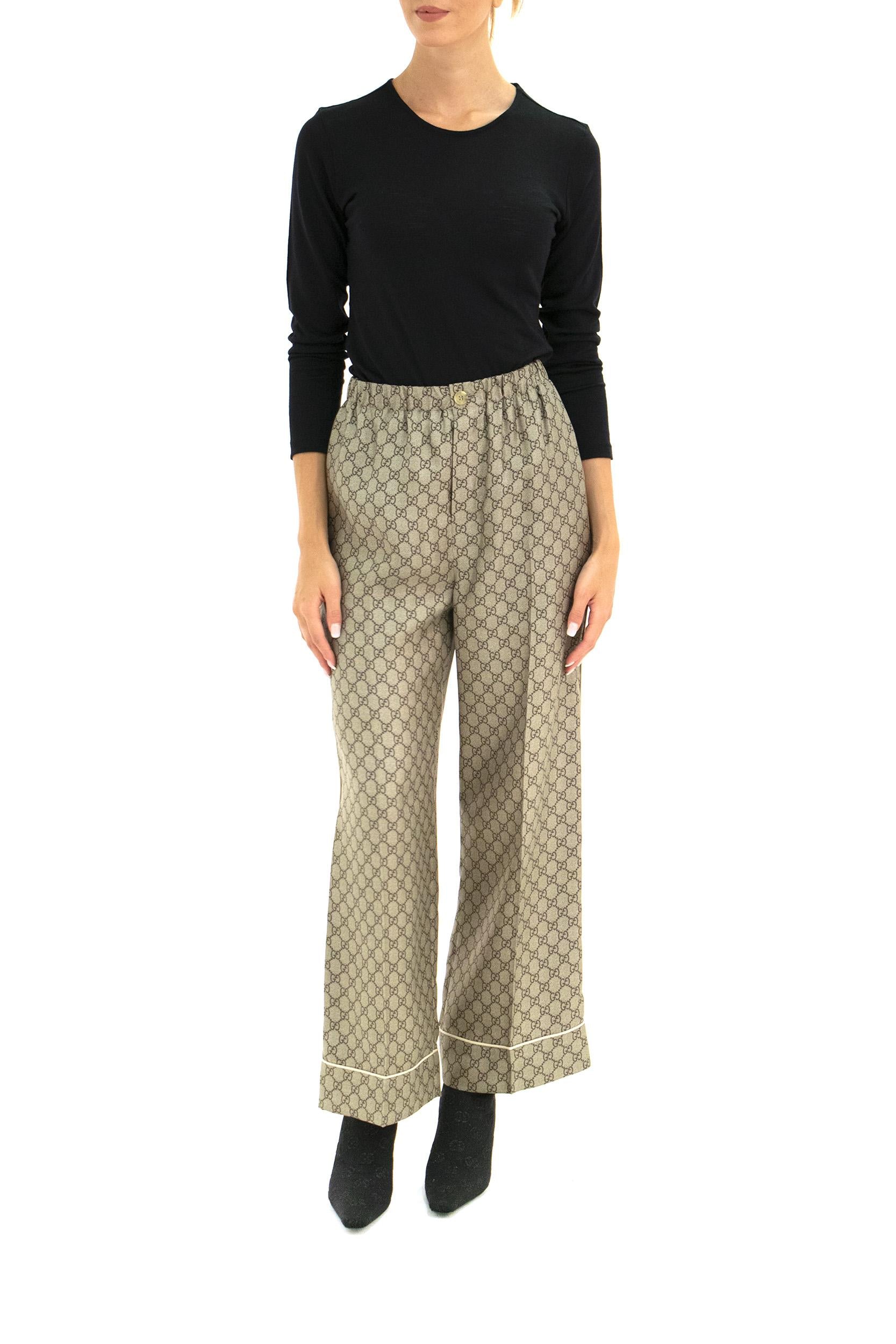 Pantaloni in seta beige ed ebano con stampa GG Supreme 756503 ZANRP 2184 GUCCI