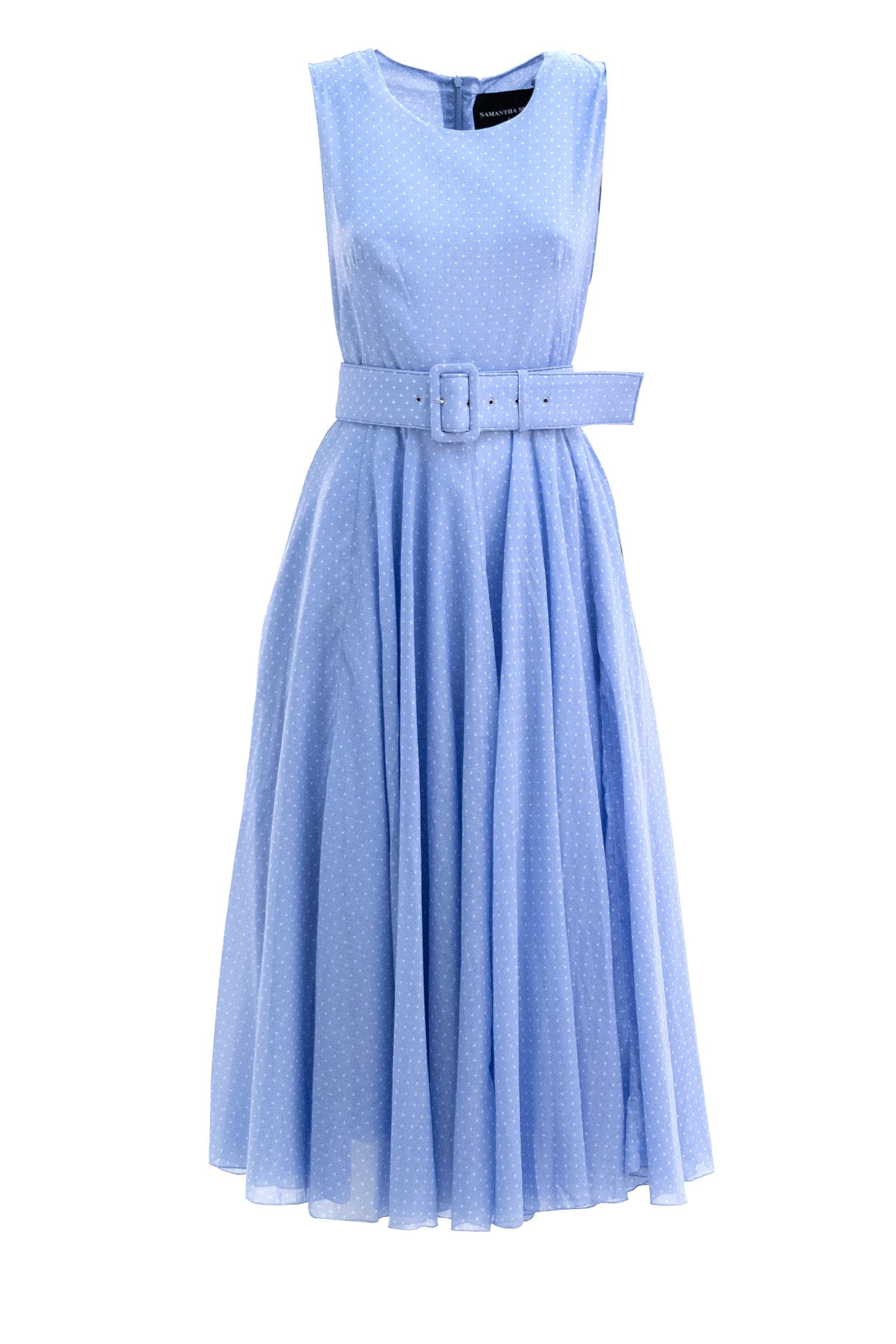 Abito Aster in mussola di cotone a pois di colore azzurro e bianco<BR/> ASTER DRESS/DOTS SOFT BLUE S-SUNG