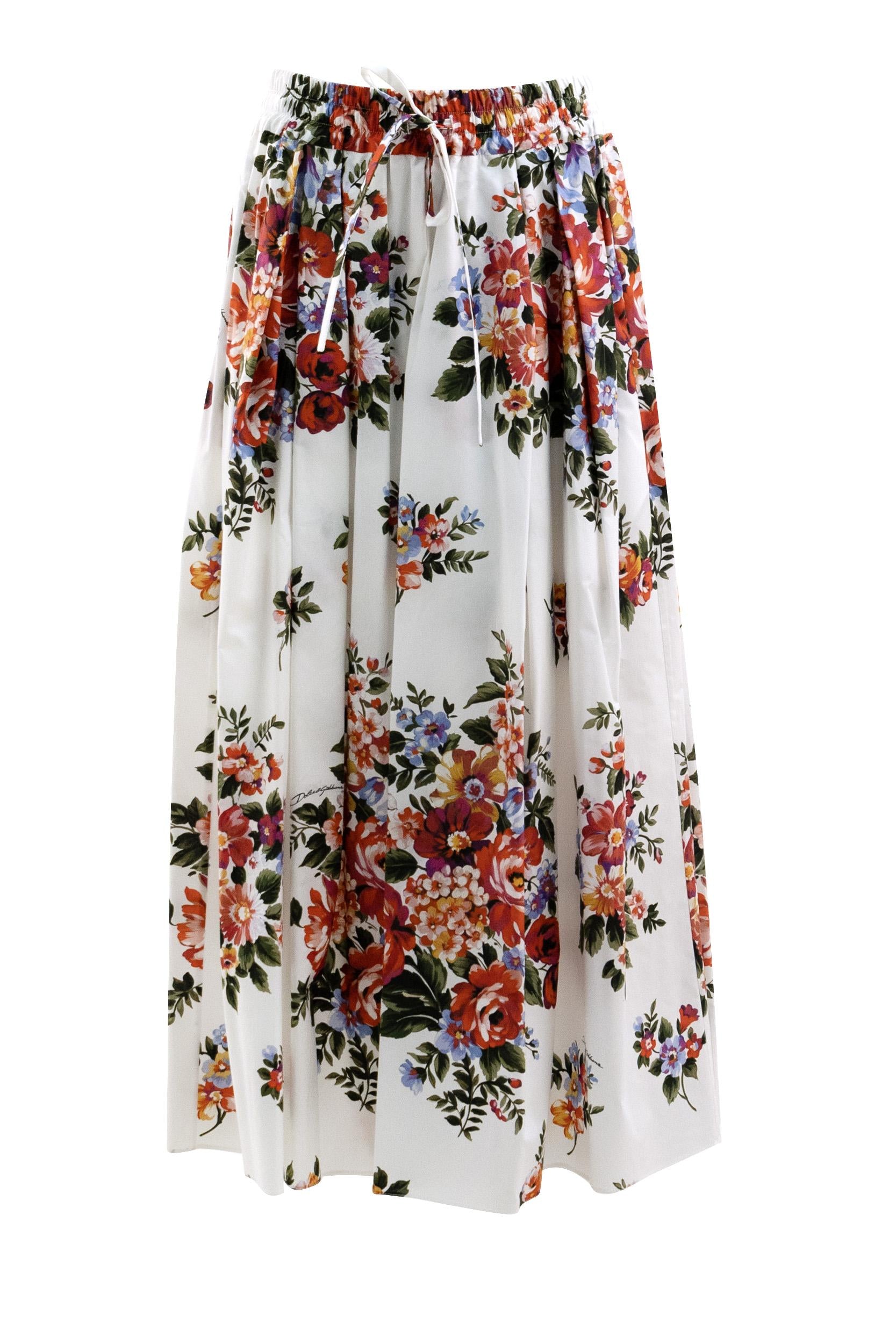 Gonna in popeline di cotone color bianco con stampa mazzo di fiori multicolore <BR/> F4DC7T HS5UU HA5ZO DOLCE & GABBANA