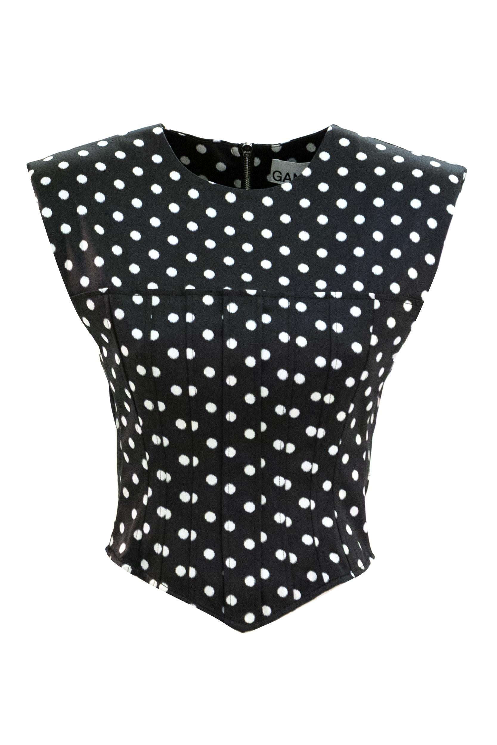 Top corsetto in raso a pois di colore nero e bianco<BR/> A1040078 099 GANNI