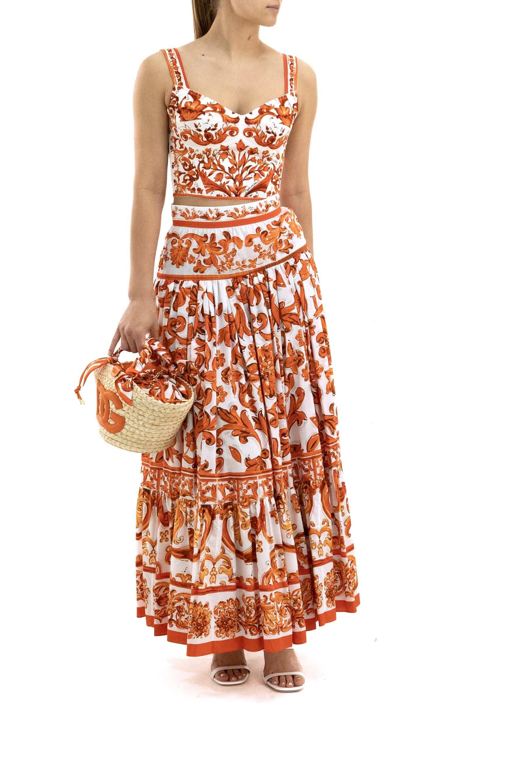 Gonna in popeline con stampa Maiolica di colore bianco e arancione<BR/> F4CB1T GDDRL S9000 DOLCE & GABBANA