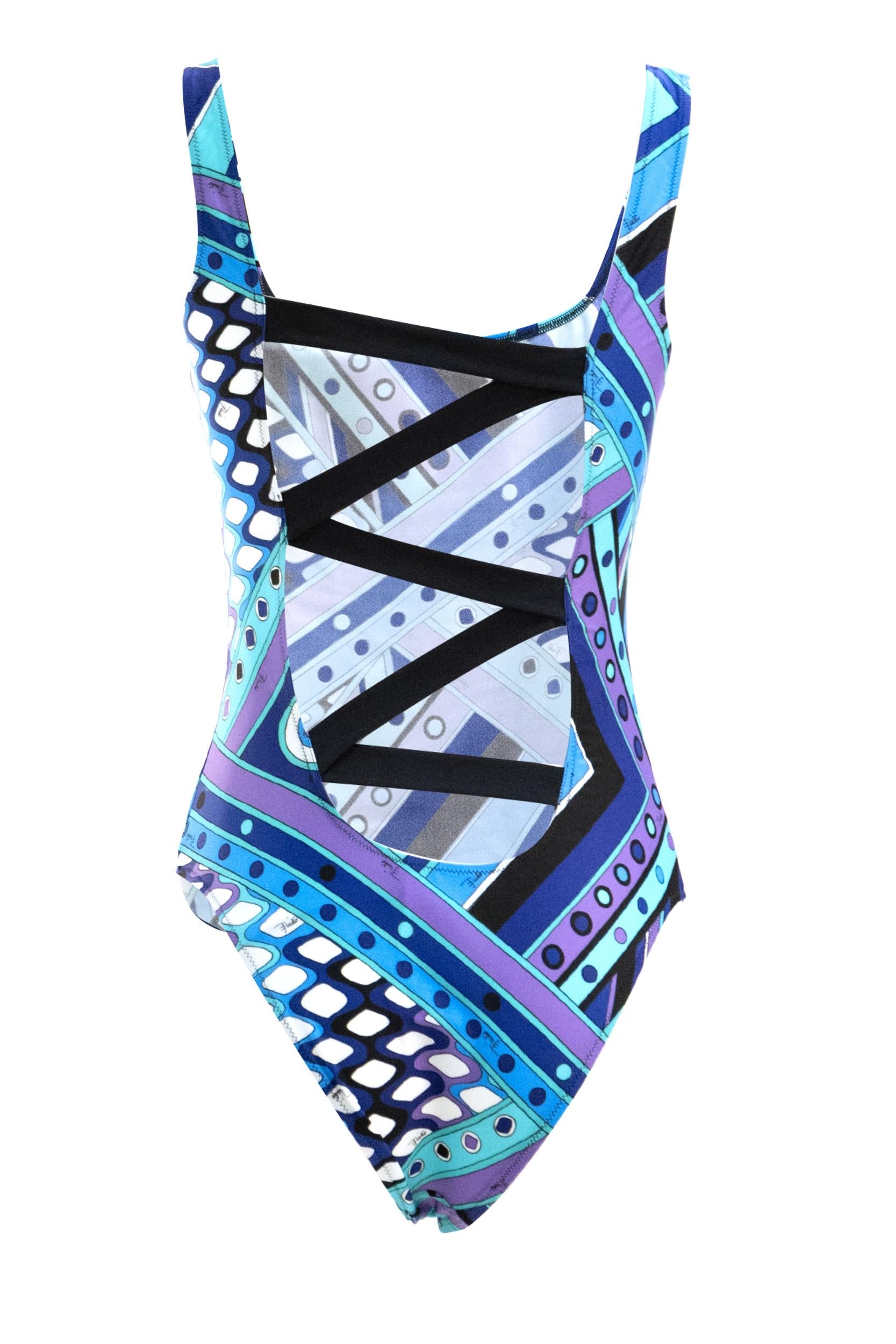 Costume Intero in lycra elastica con stampa Vivara di colore turchese e blu<BR/> 6HMC80 6H895 P20 EMILIO PUCCI