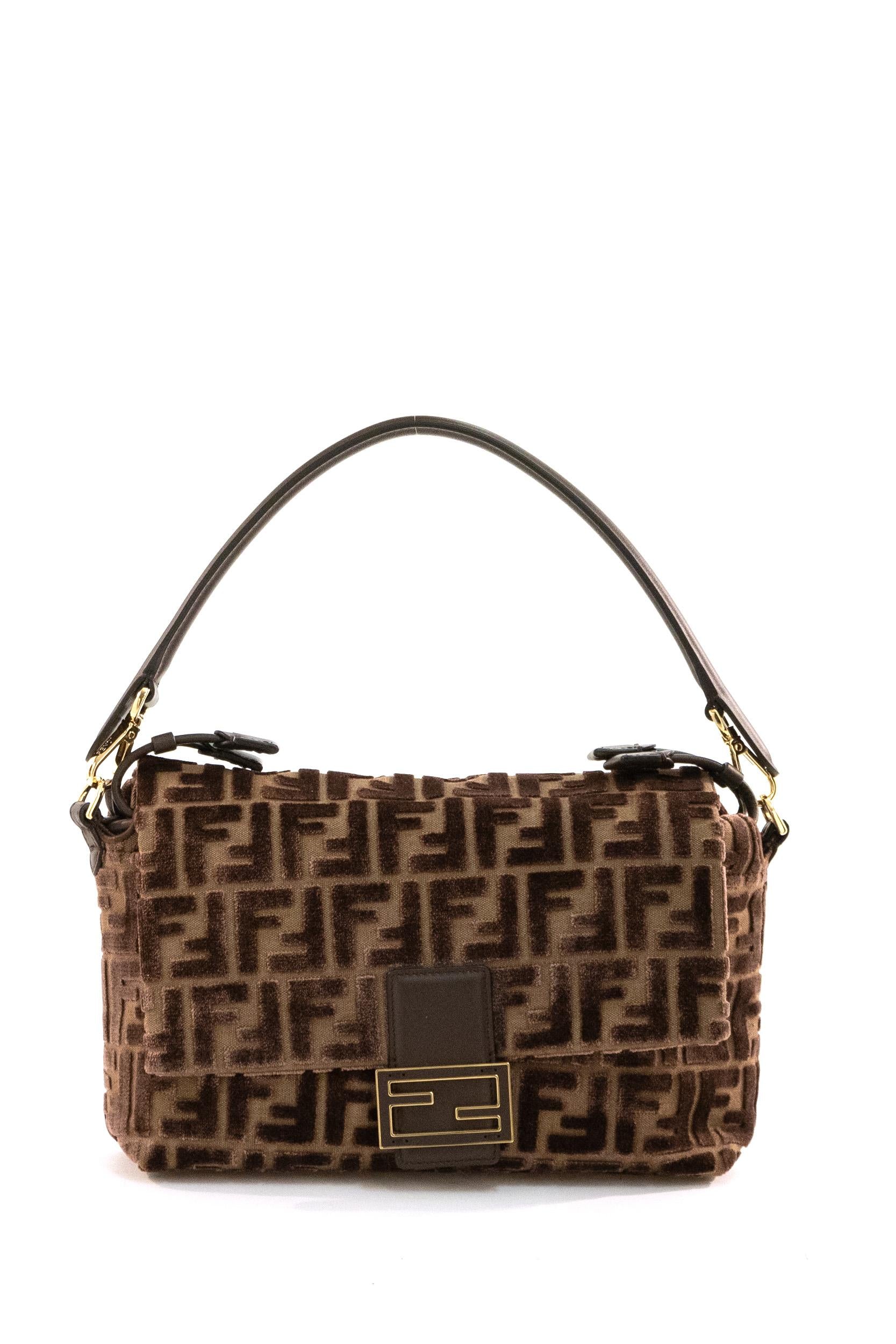 Mamma Baguette in velluto FF jacquard color beige e marrone<BR/> 8BR833 AT14 F0L1B FENDI