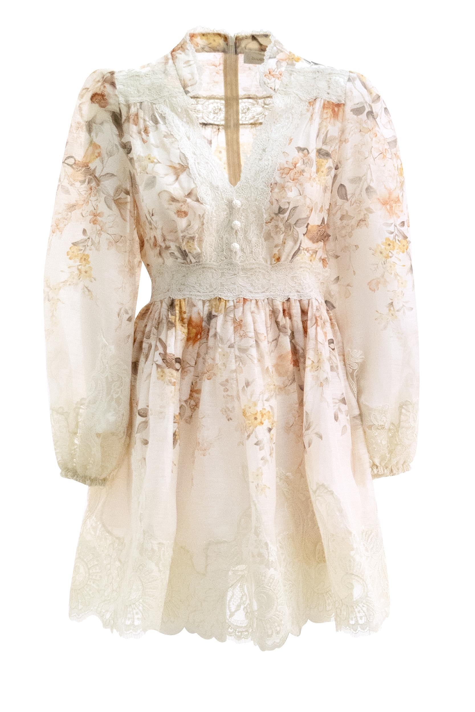 Abito mini Luna in seta e lino color avorio con stampa floreale multicolore <BR/> 7934DS261 CREAM ZIMMERMANN