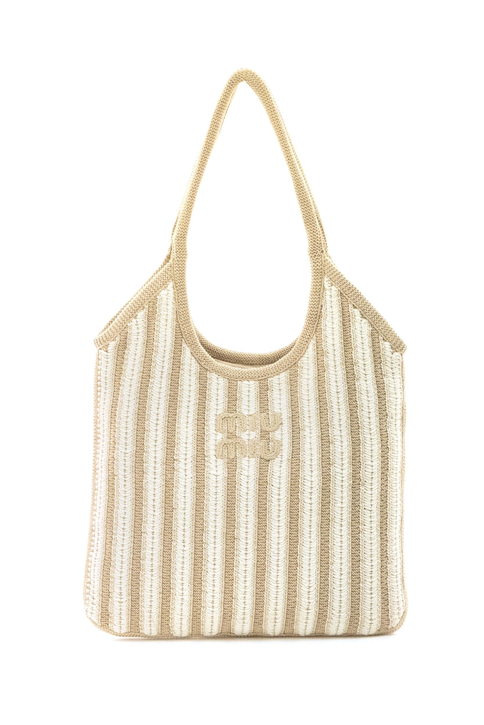 Borsa Ivy in crochet a righe di colore beige e bianco<BR/> 5BG231 V MRL 2IHD F0X27 MIU MIU