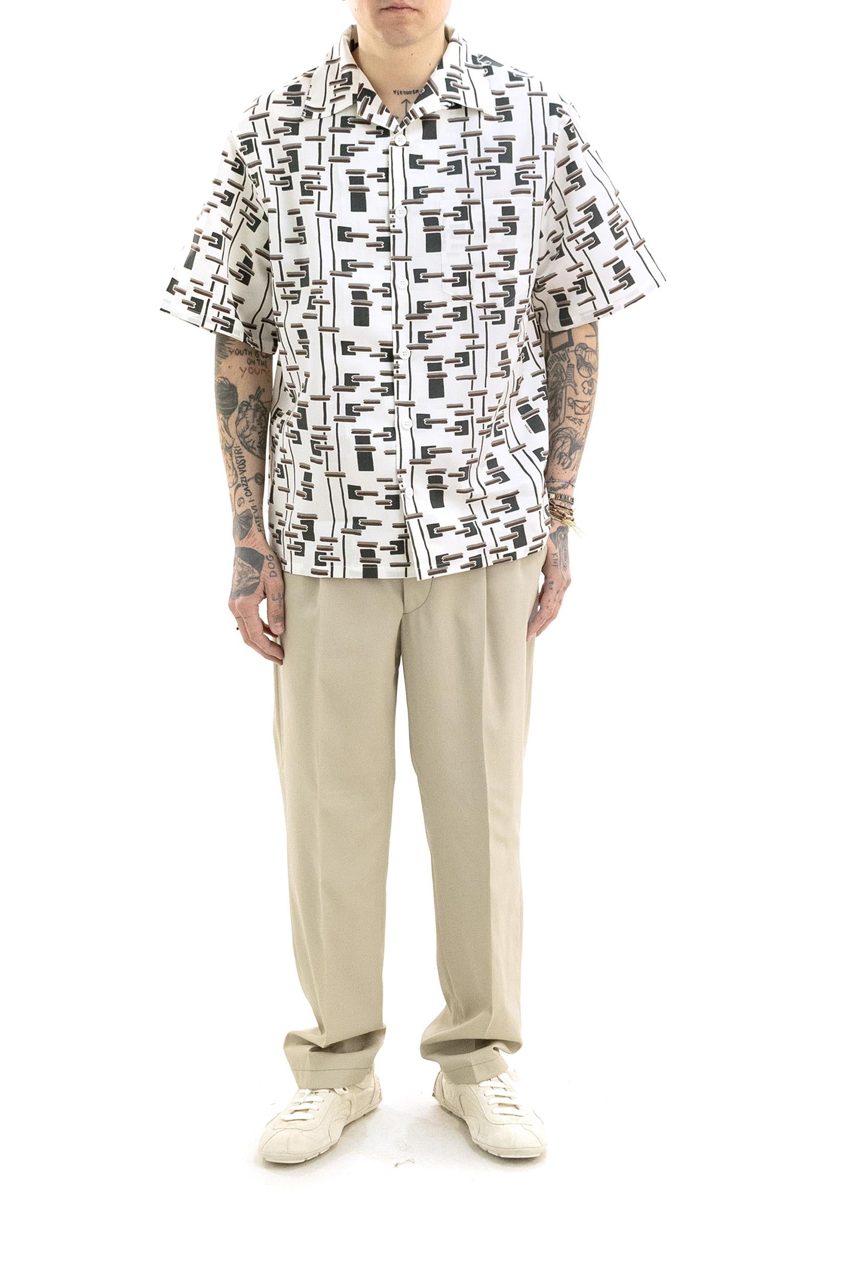 Camicia bowling in cotone e seta color avorio con stampa multicolore<BR/> UCS414 S UMO 19GW F0S8V PRADA