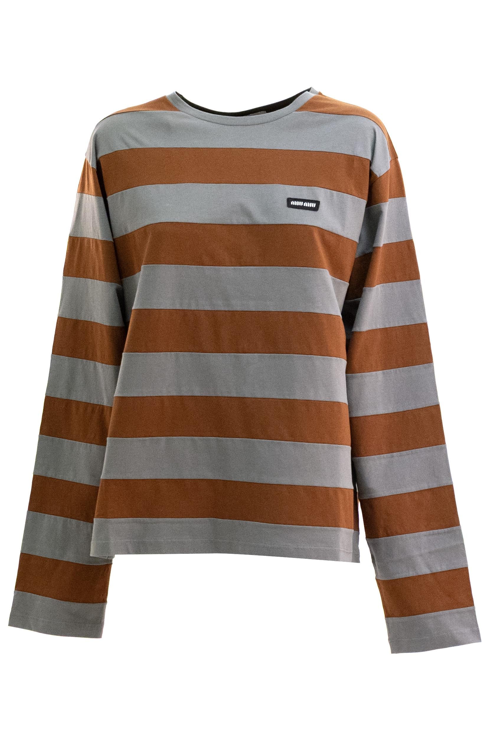 T-shirt in jersey a righe di colore grigio e tabacco<BR/> MJLA59 S OOO 195L F0VC7 MIU MIU