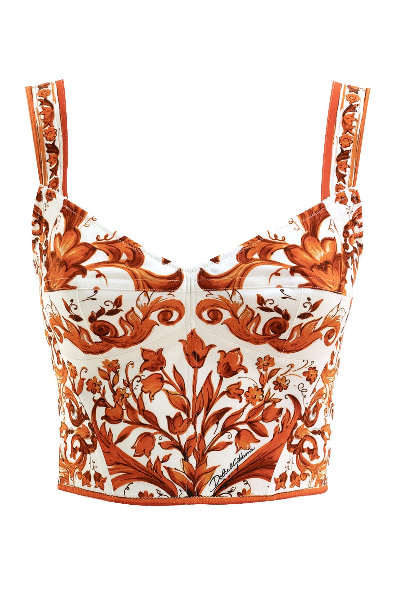 Top bustier in charmeuse con stampa Maiolica di colore bianco e arancione<BR/> F7BB1T GDDRJ S9000 DOLCE & GABBANA