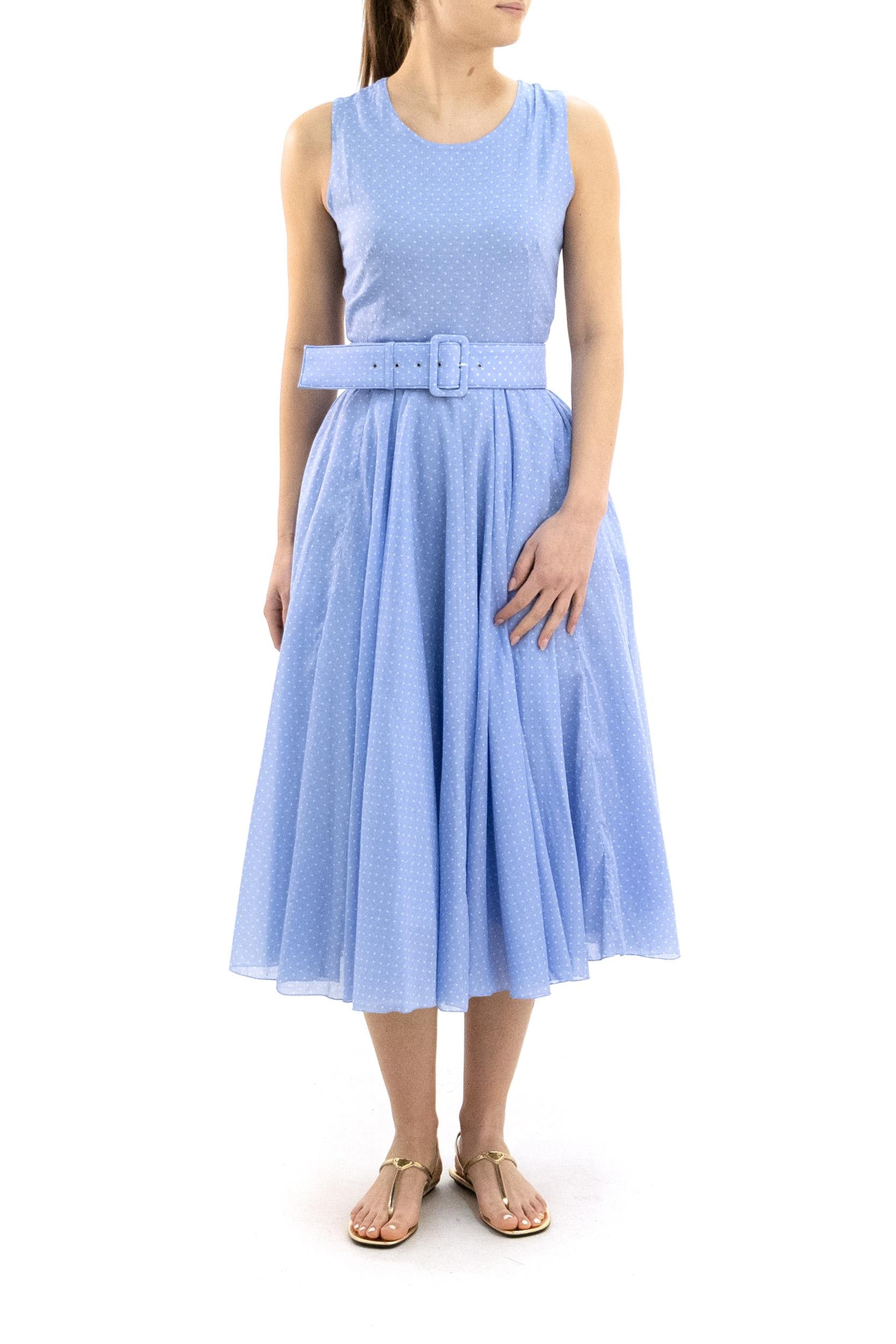 Abito Aster in mussola di cotone a pois di colore azzurro e bianco<BR/> ASTER DRESS/DOTS SOFT BLUE S-SUNG