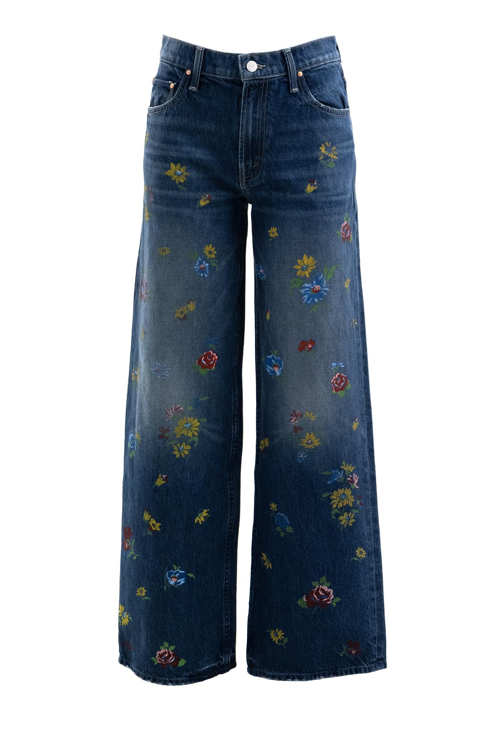 Jeans in denim di cotone di colore blu con stampa fiori multicolore<BR/> 12488-313 IEL MOTHER