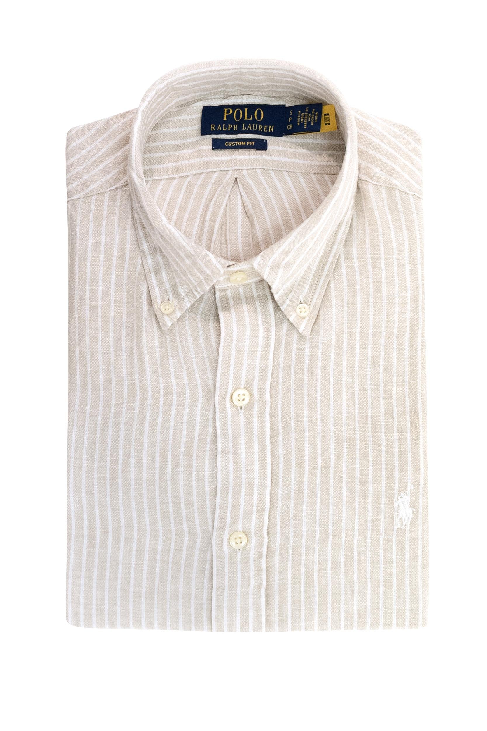 Camicia in lino a righe di colore beige e bianco<BR/> 710B15594006 BEIGE POLO RALPH LAUREN