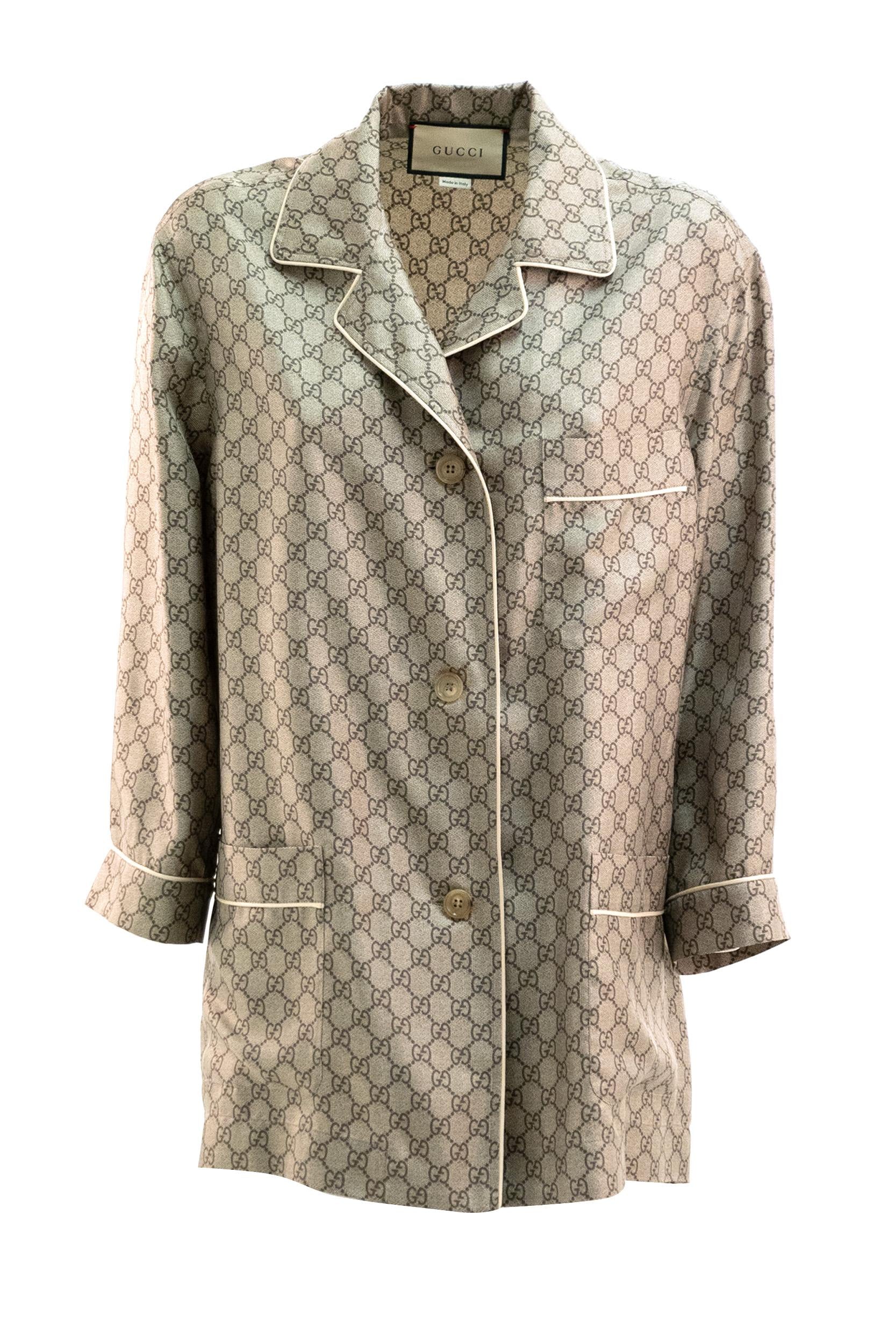 Camicia in seta beige ed ebano con stampa GG. 752917 ZANRP 2275 GUCCI
