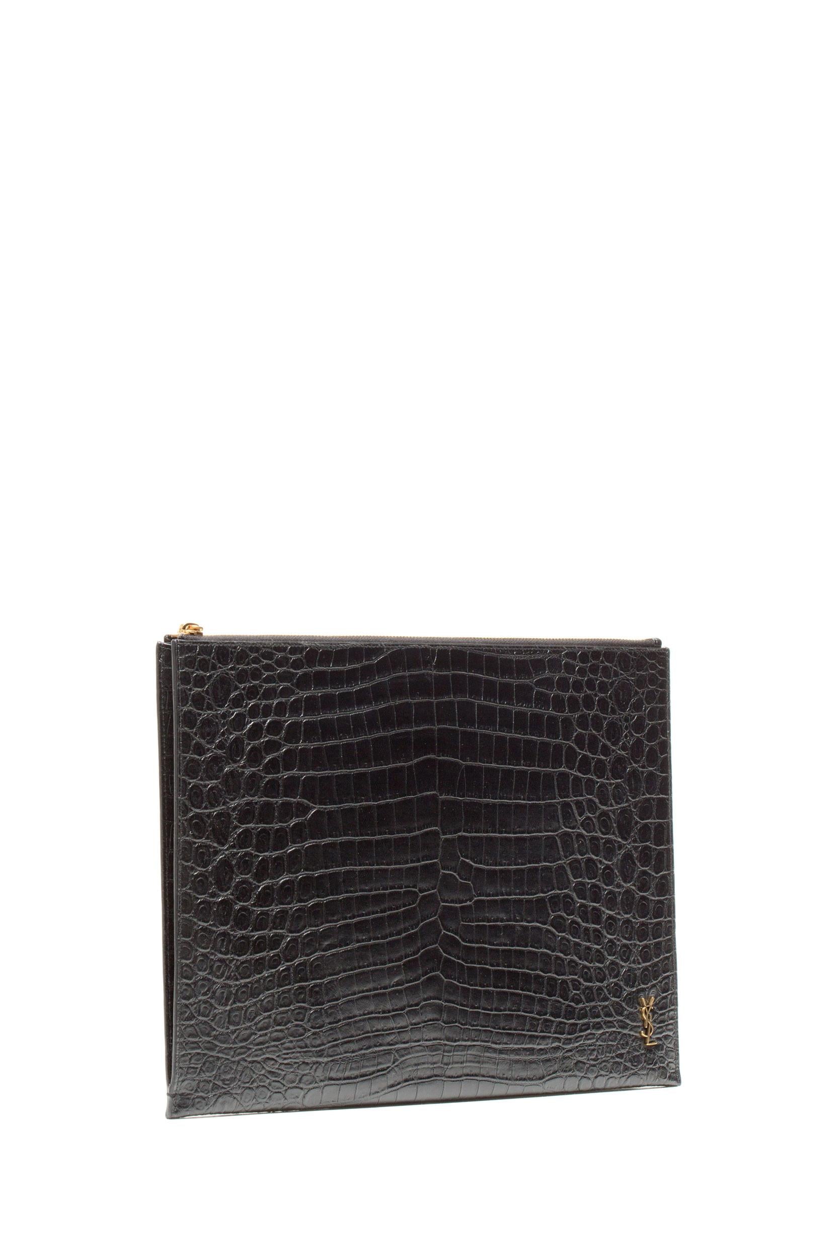 Saint Laurent 607782 DZE0W1000 Portadocumenti Monogram in Pelle Opaca Goffrata Coccodrillo<BR/> 607782 DZE0W 1000 SAINT LAURENT