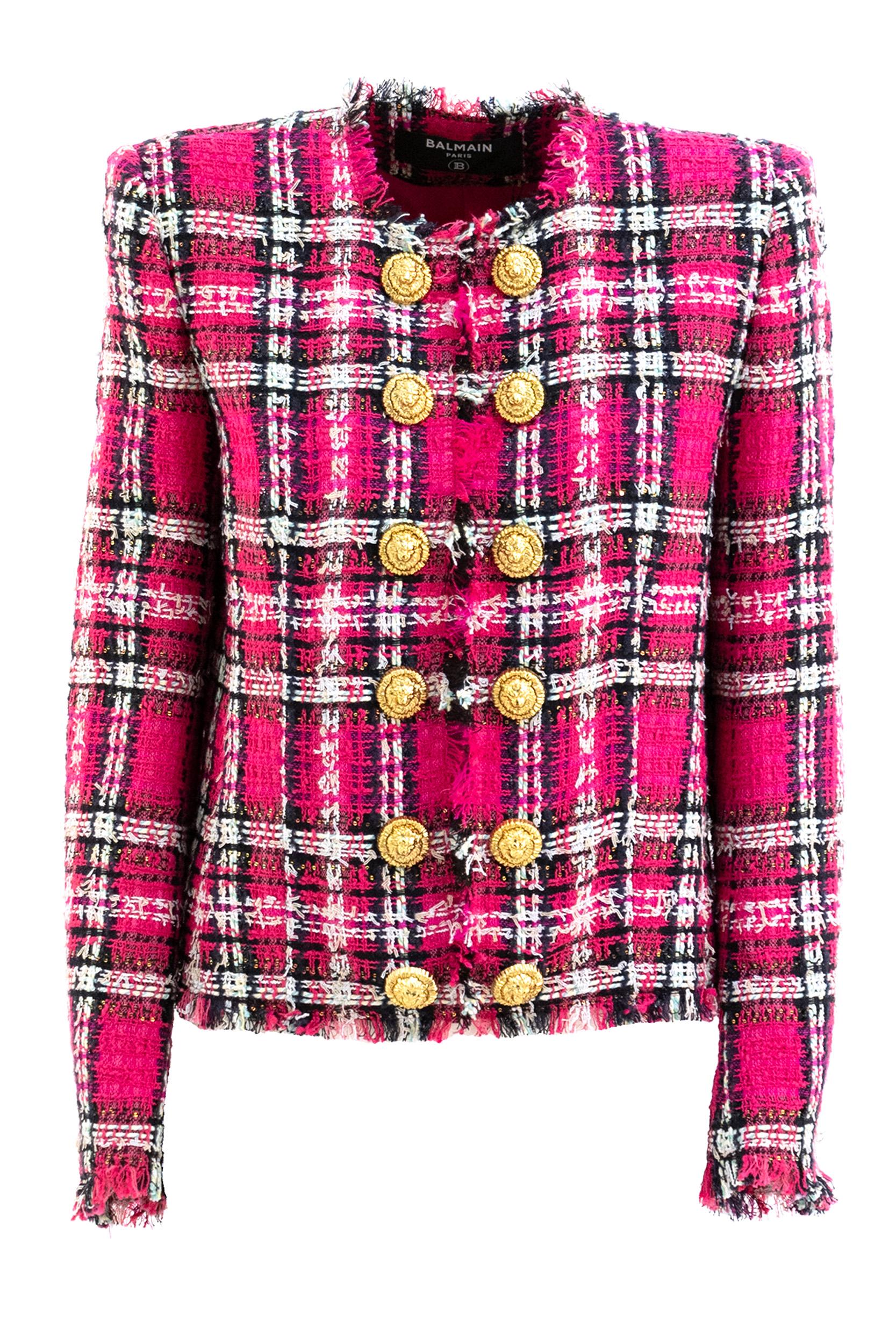 Giacca Spencer in tweed tartan con paillettes di colore rosa<BR/> GF1SM509CG42 AAA BALMAIN
