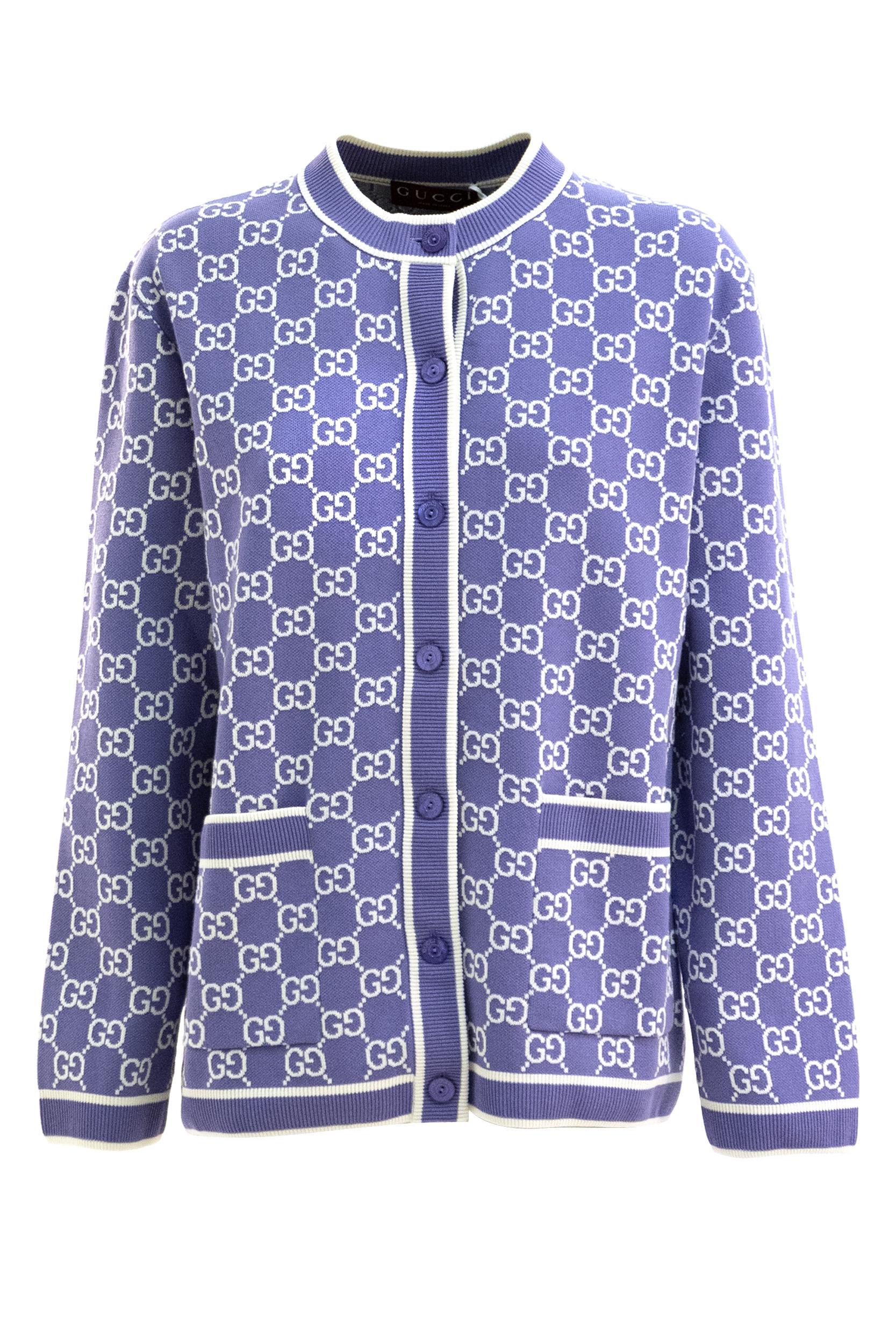 Cardigan in cotone GG jacquard color lilla<BR/> 856262 XKE0M 5019 GUCCI