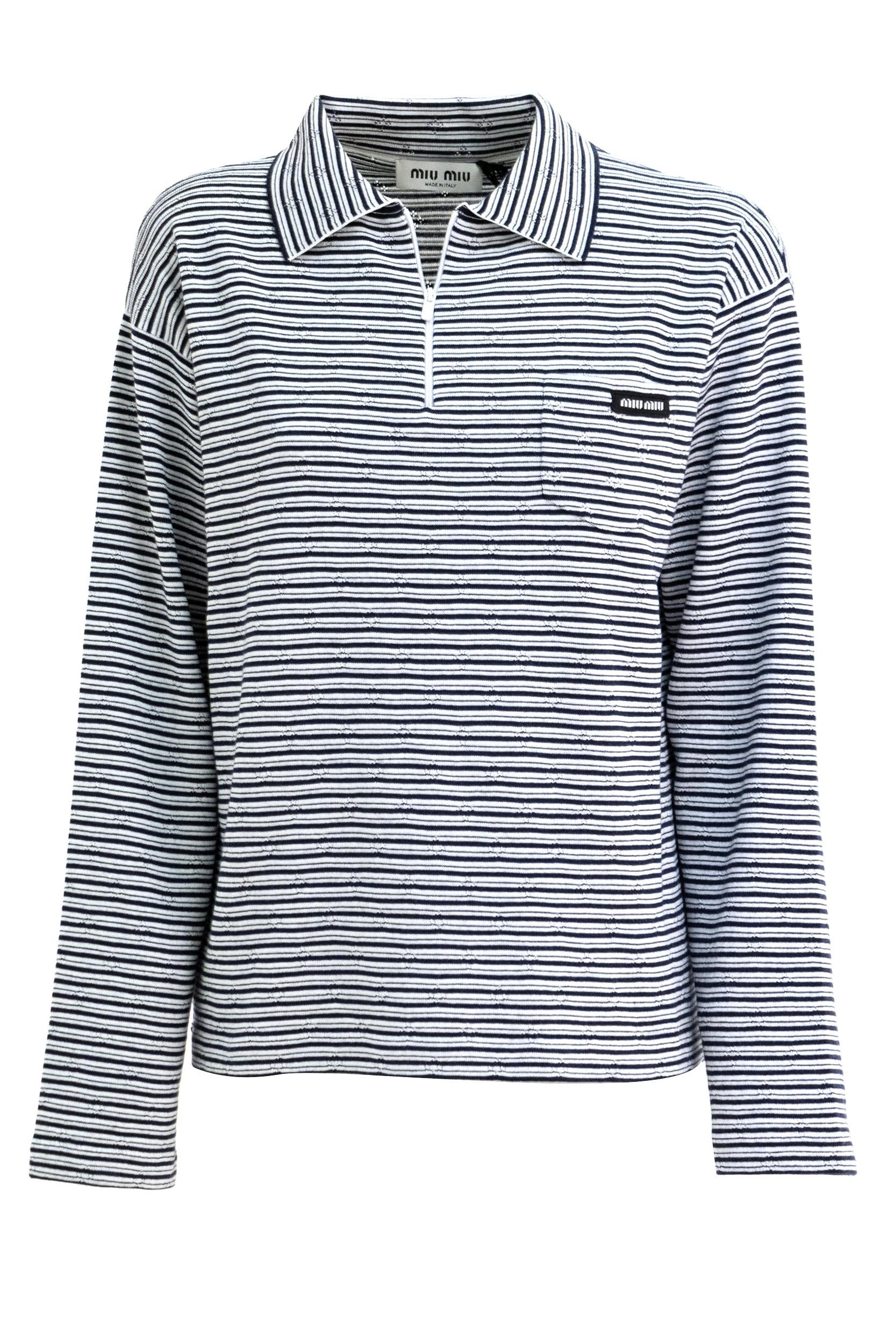 Polo a righe in cotone cashmere e seta di colore bianco e blu<BR/> MML06P S OOO 195I F0UB0 MIU MIU