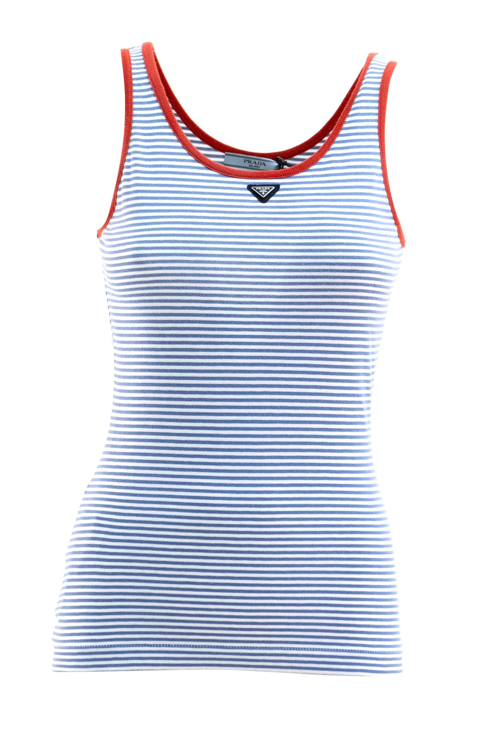 Top in cotone a righe di colore bianco e azzurro<BR/> 39659 S OOO 186H F0X36 PRADA