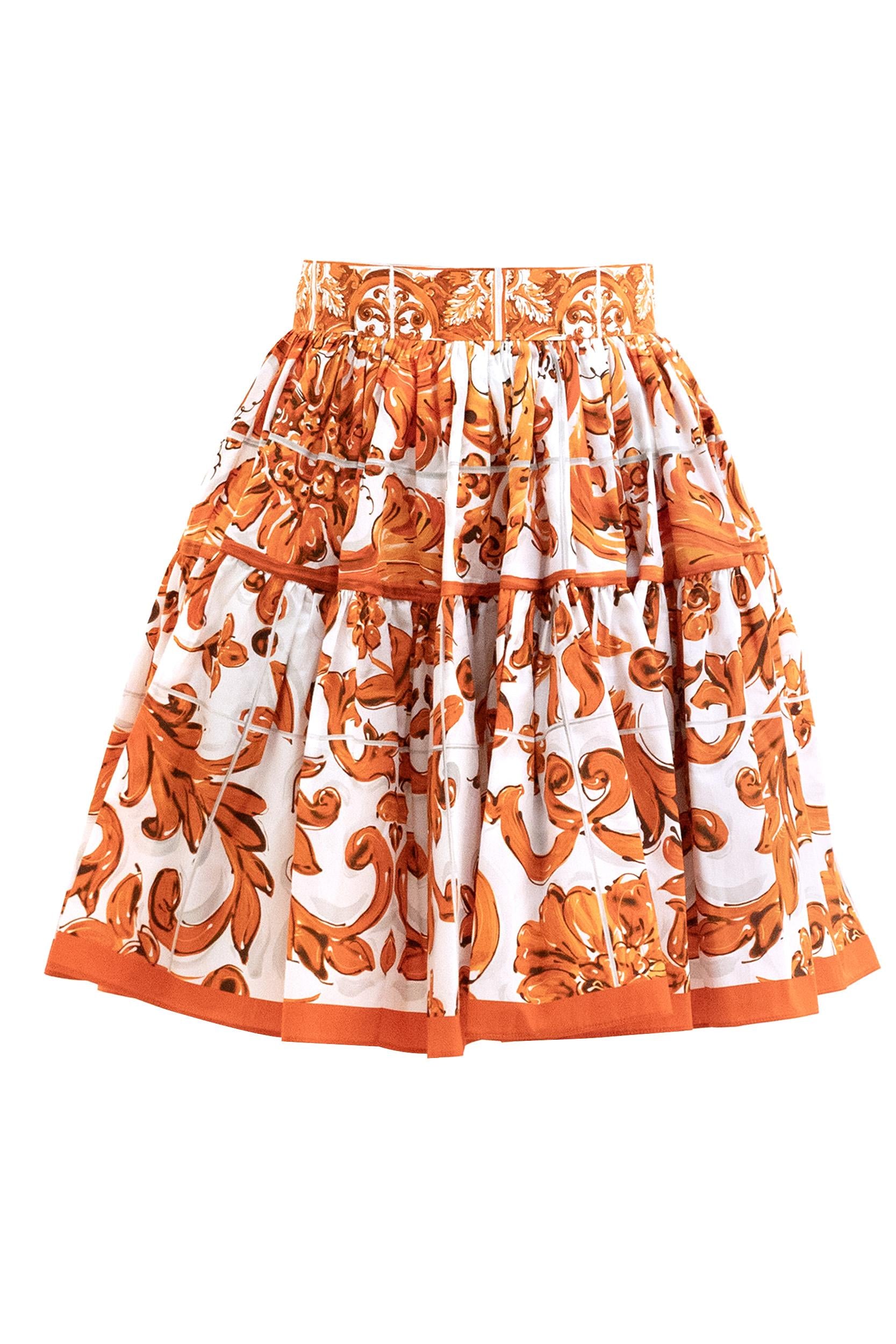 Gonna in popeline con stampa Maiolica di colore bianco e arancione<BR/> F4CX0T GDDRL S9000 DOLCE & GABBANA